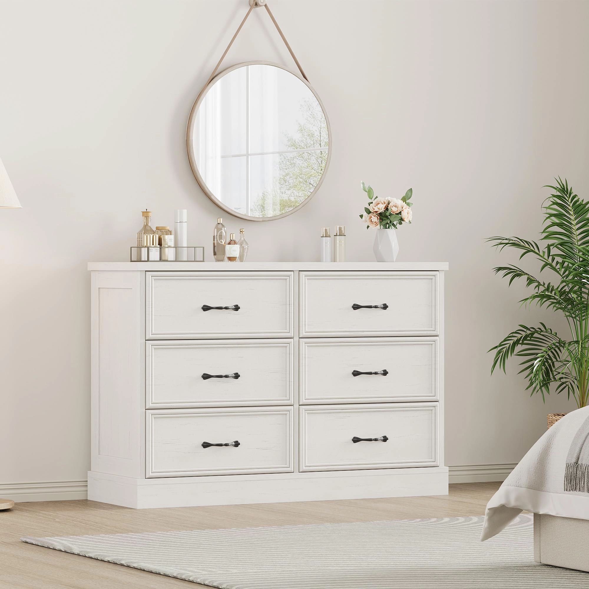 6 Drawer Wooden Dresser, 47" Wide Chest with Large Storage Drawers for Bedroom or Living Room