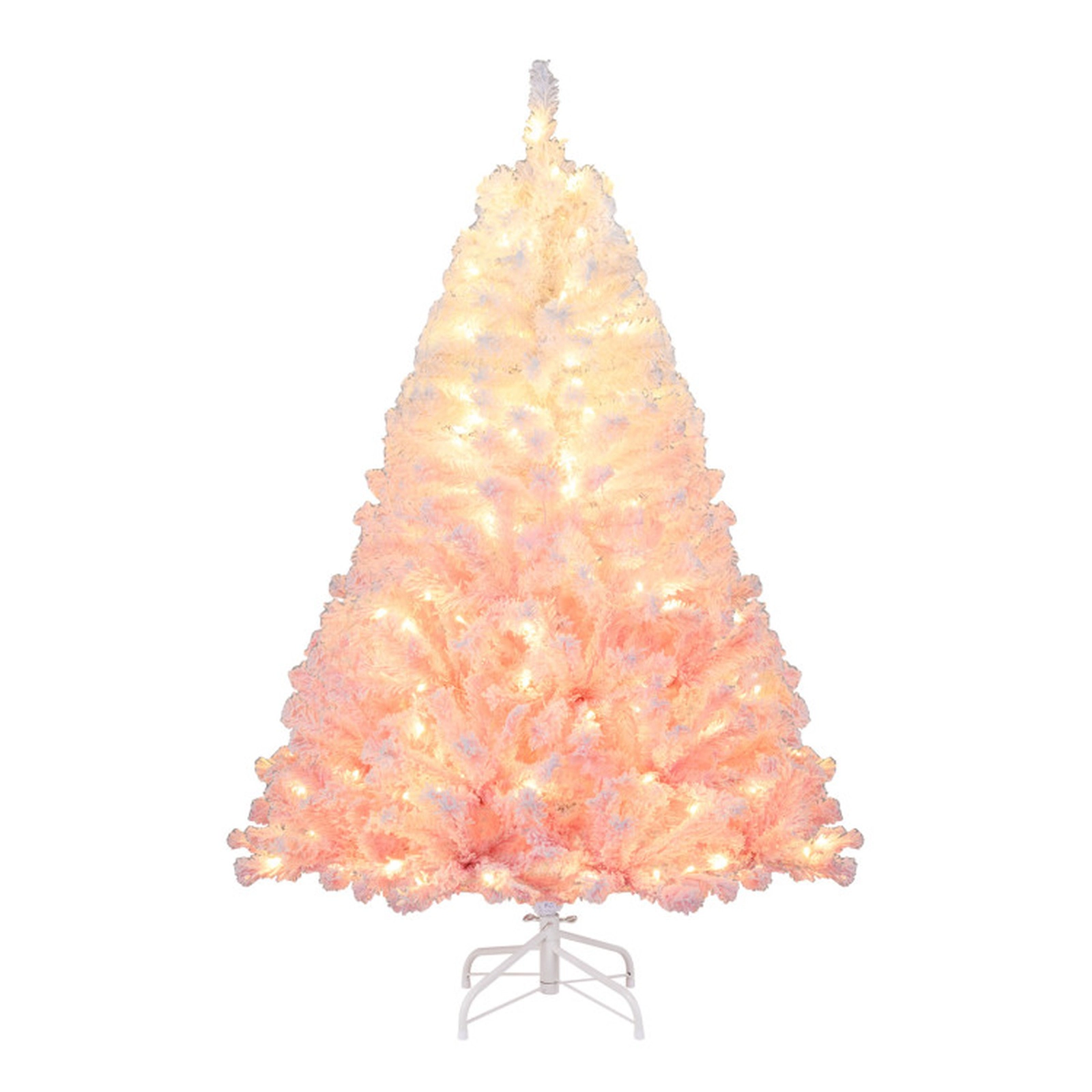SUGIFT 5-ft Snow Flocked Gradient Hinged Artificial Christmas Tree 456 Tips 180 Warm White LEDs 16-in Stand Pink