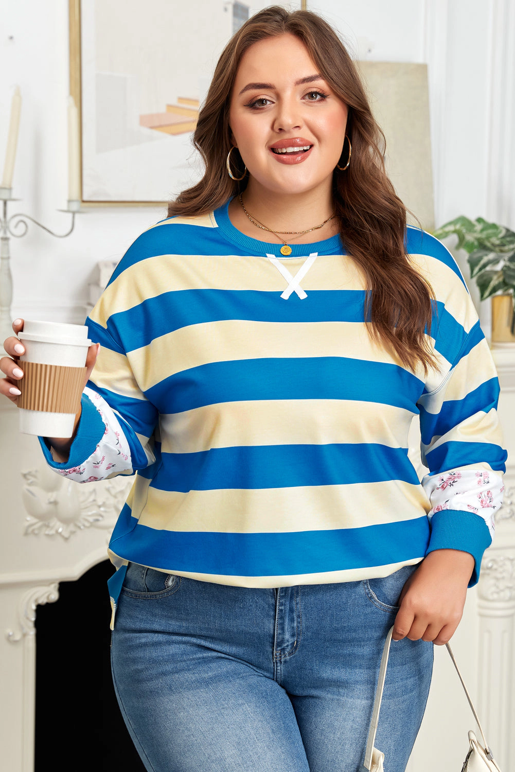Threaded Pear Women's Blue Stripe Floral Color Block Drop Shoulder Plus Pullover Top