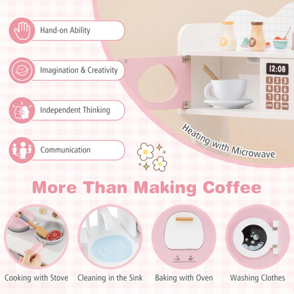Hivvago Wooden Kids Kitchen Playset with Coffee Maker for kids-Pink