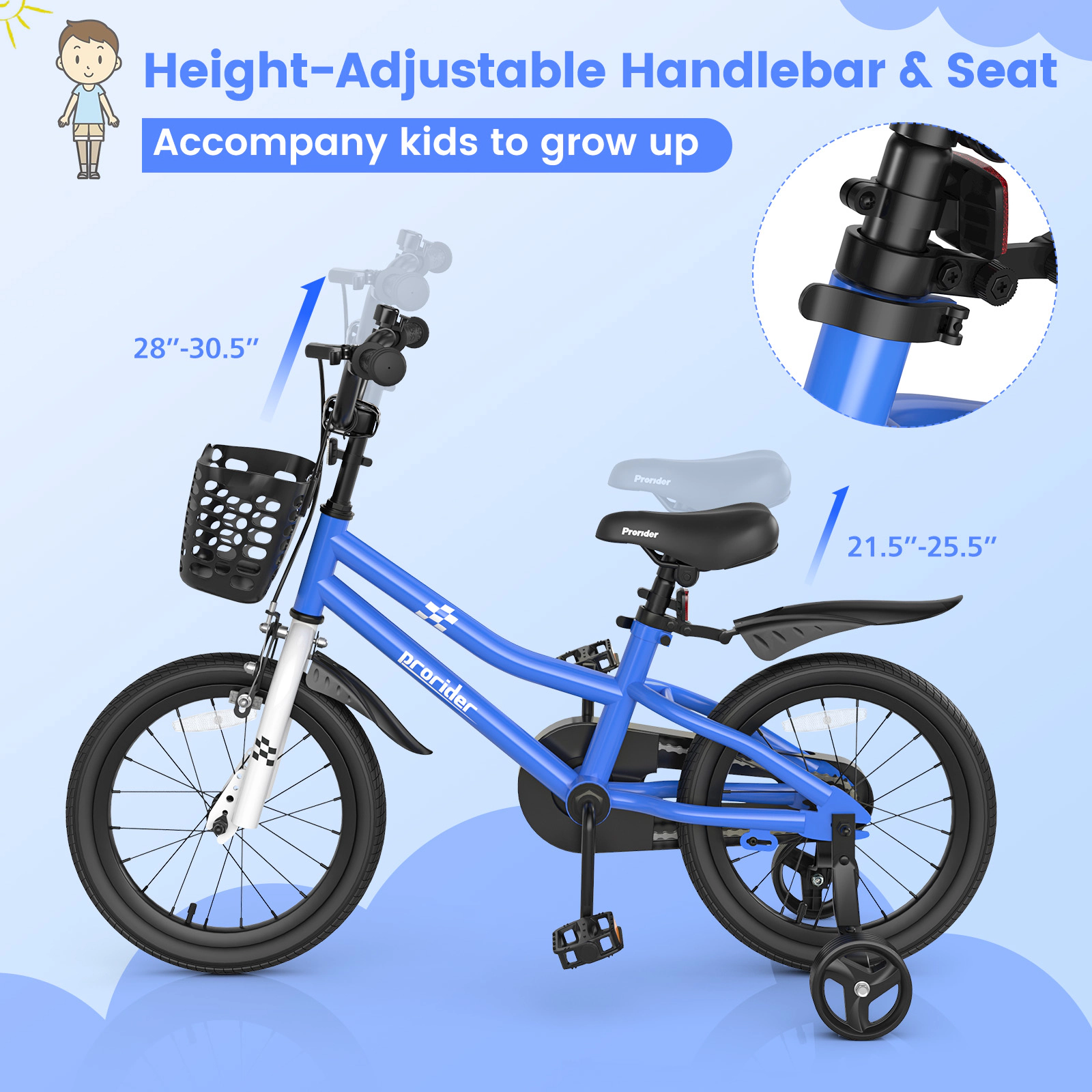 16-in Kids Bike Removable Training Wheels Short-Reach Hand Brake Coaster Brake Adjustable Seat Ages 4-7 Navy