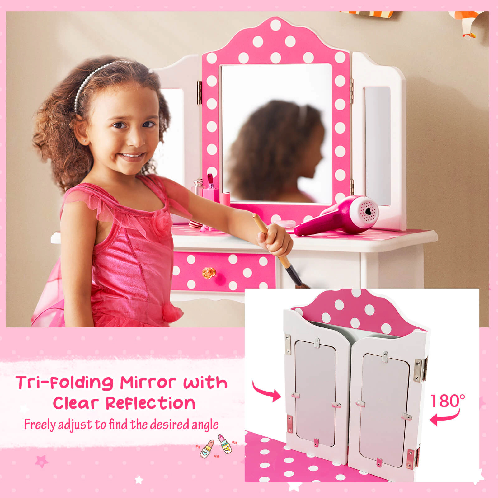 SUGIFT Pink Tri-Folding Mirror and Polka Dot Print Kids Vanity Table and Stool Set