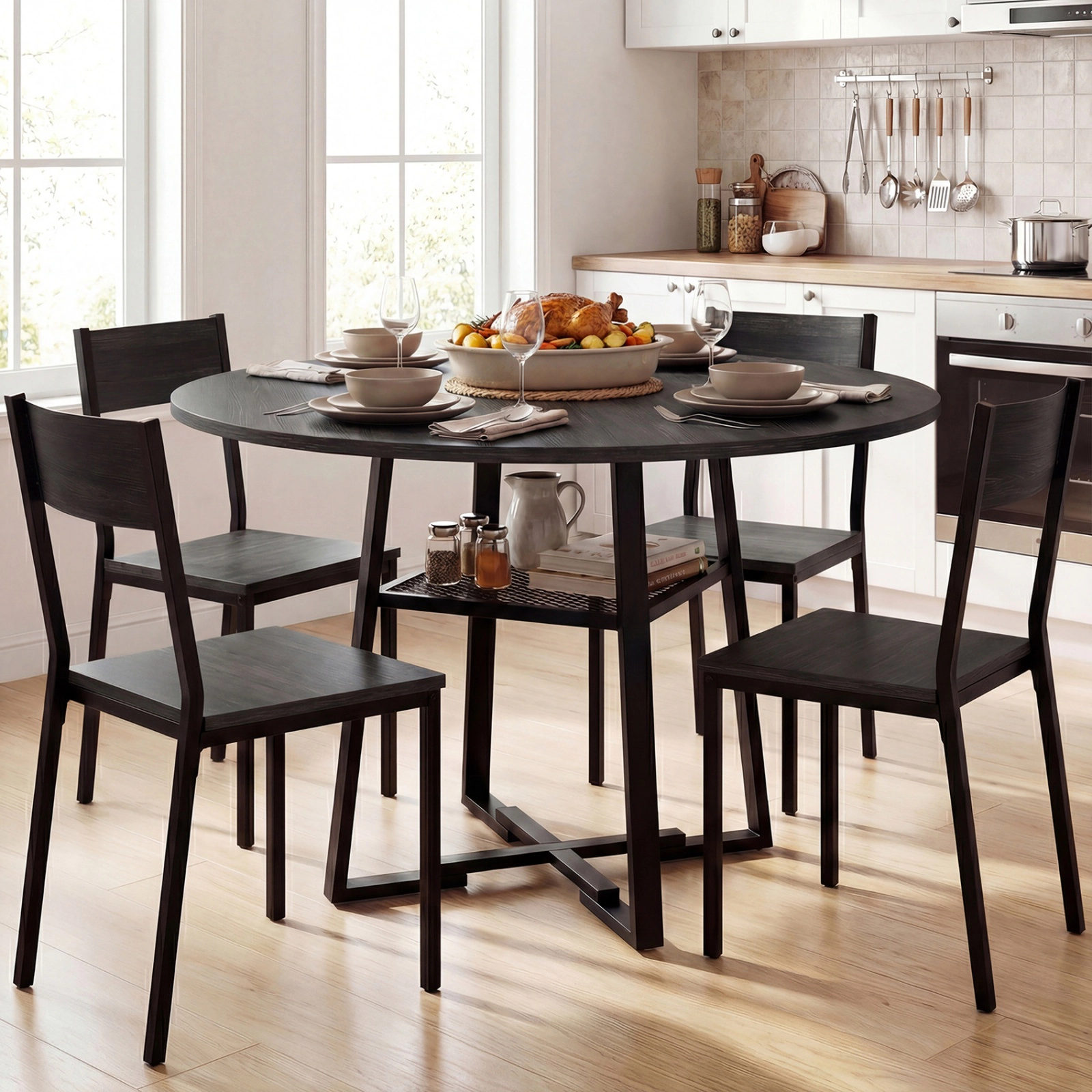 SUGIFT 47.5-Inch Round Dining Table with Mesh Shelf, Black, Seats 4 to 6