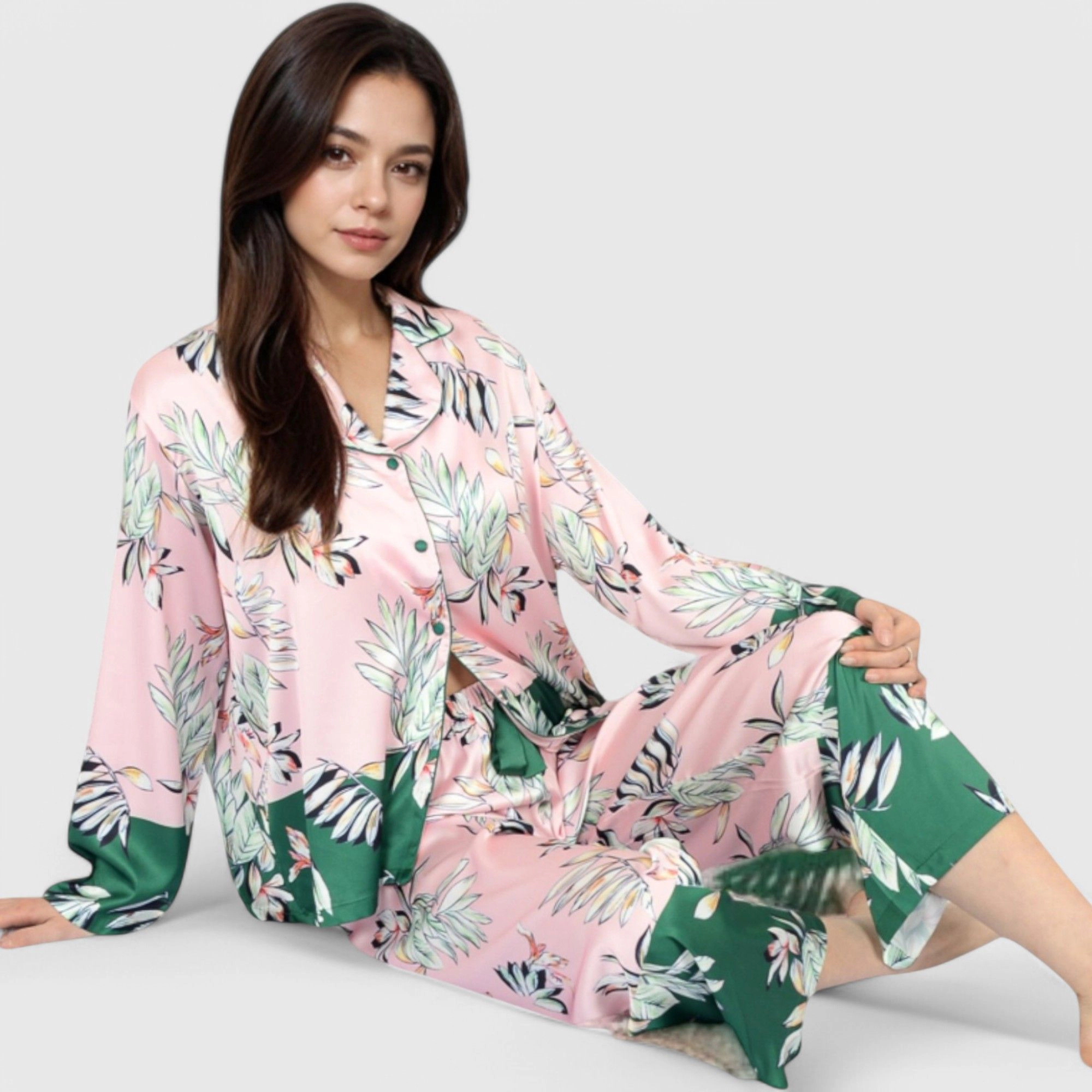 Anna-Kaci Women's Floral Satin Pajama Set with Button Up Long Sleeve Top and Matching Pants