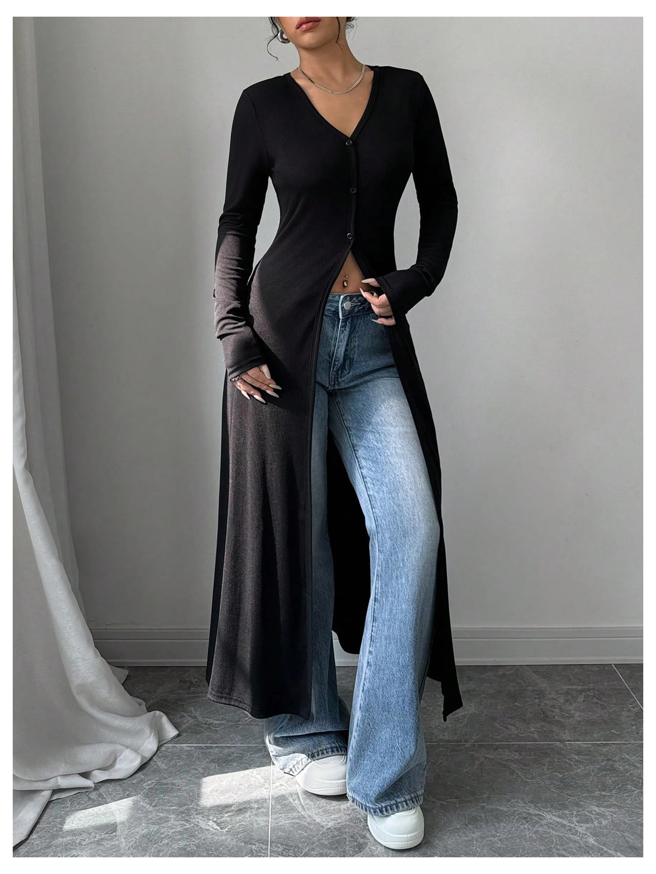 KOJOOIN Women Maxi Duster Cardigan V‑Neck Ribbed Knit Button Front Fitted Long Streetwear Outerwear
