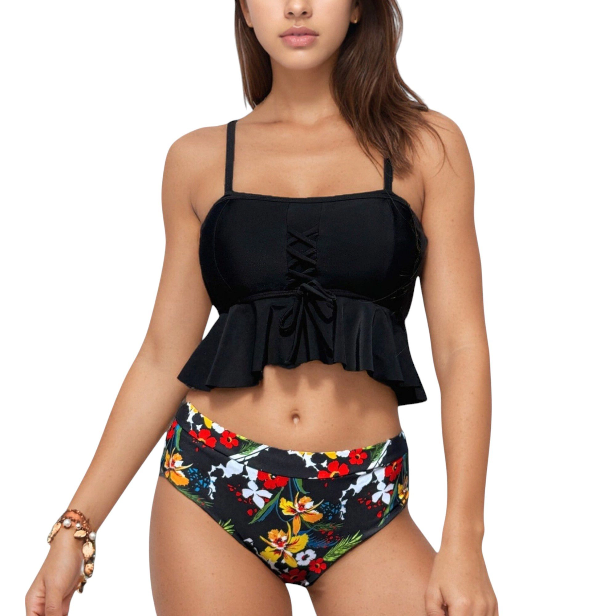 Anna-Kaci Women's Peplum Lace-Up Tankini Top, High-Waist Floral Bikini Bottom Two-Piece Swimsuit