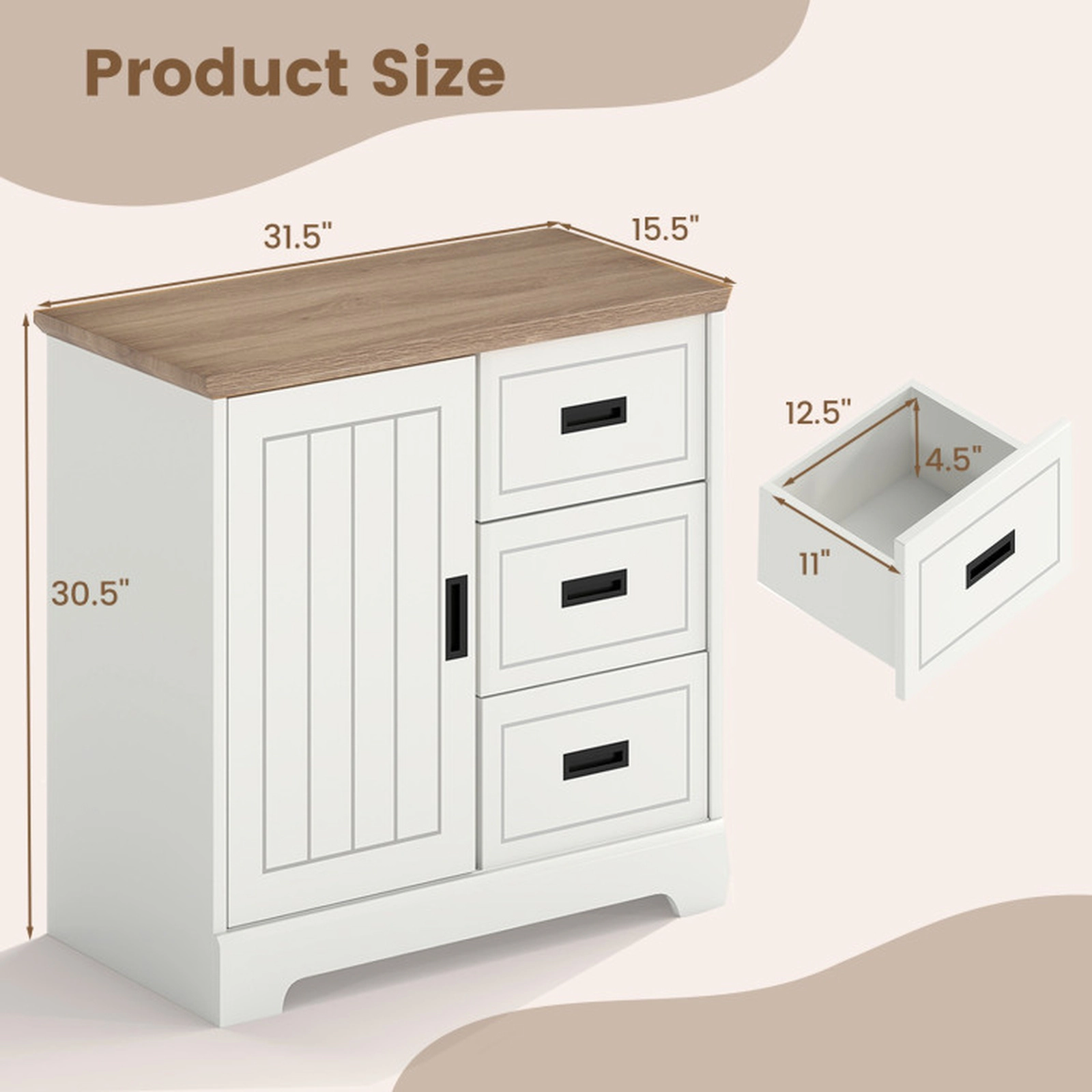 SUGIFT Farmhouse Sliding Door Sideboard Buffet Cabinet Kitchen Pantry 66-lb Tabletop Capacity Ivory and Oak