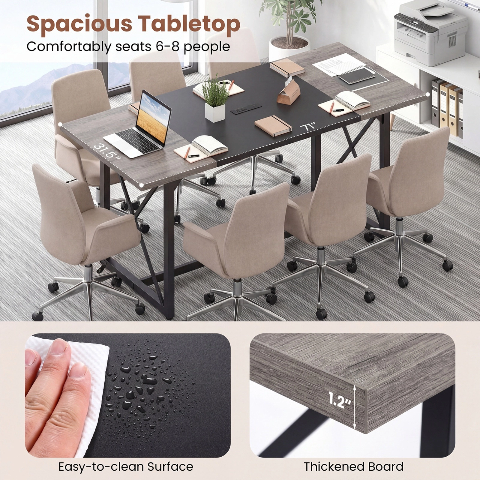 SUGIFT 71-in Rustic Oak 310-lb Capacity Conference Meeting Room Table with Power Outlets Seats 6 to 8 People