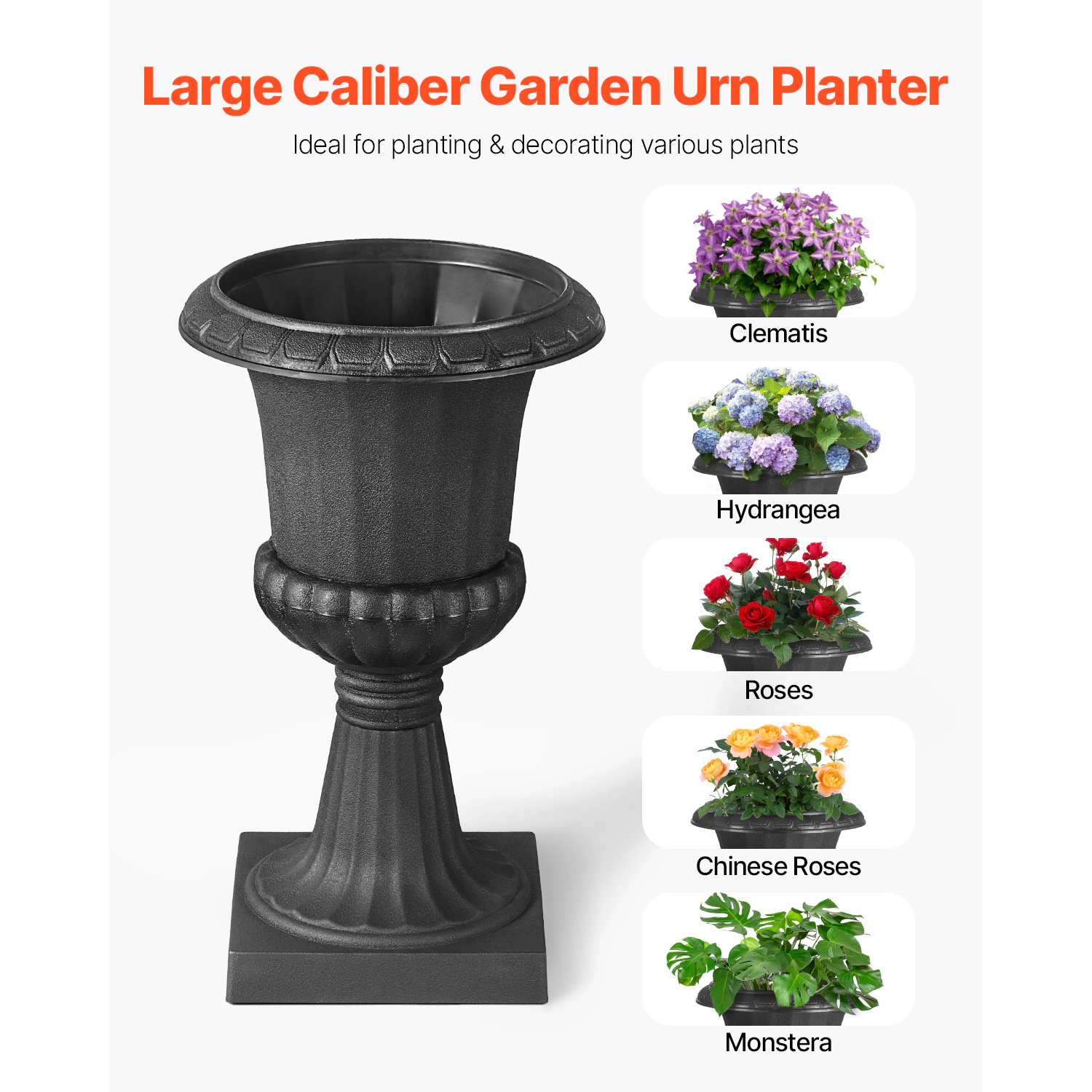 HONGGE Set of 2 Black Urn Planters, 9.8 x 16.5 Inch PP Plastic Flower Pots for Porch, Patio, and Garden