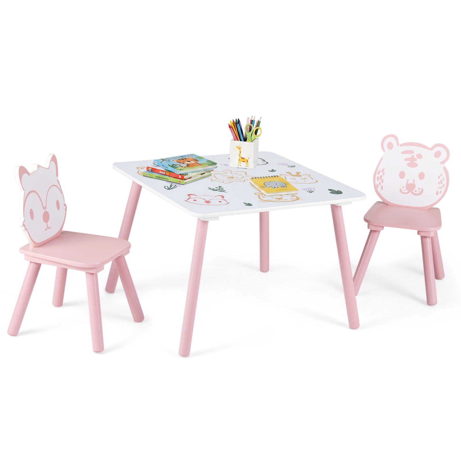 SUGIFT 3-Piece Kids Table and Chairs Set with Animal Patterns 44-lb Table 66-lb Chairs Ages 3-6 White Green Yellow