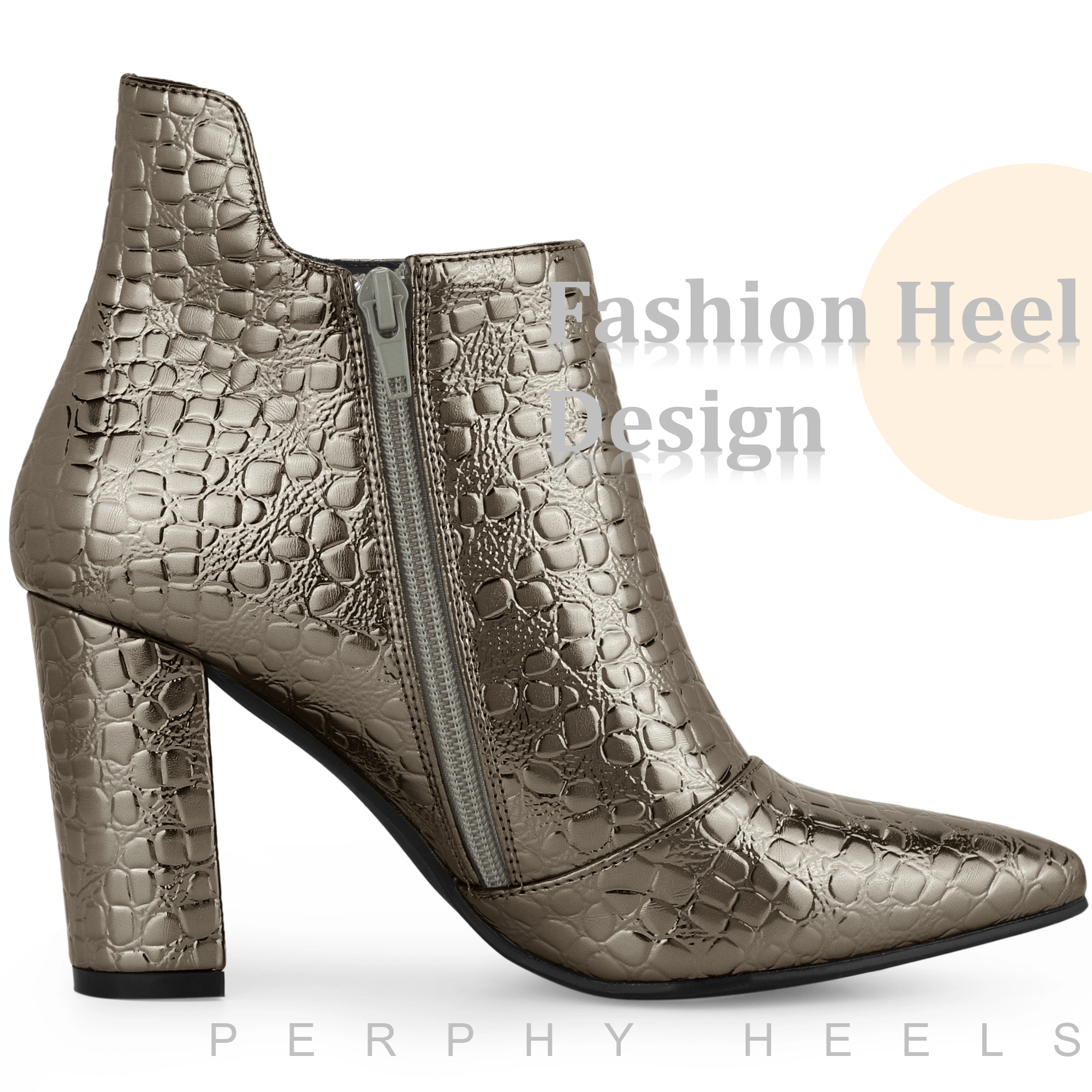 BLISSFUL STEP Women Stone Printed Pointed Toe Chunky Heel Ankle Boots Side Zip