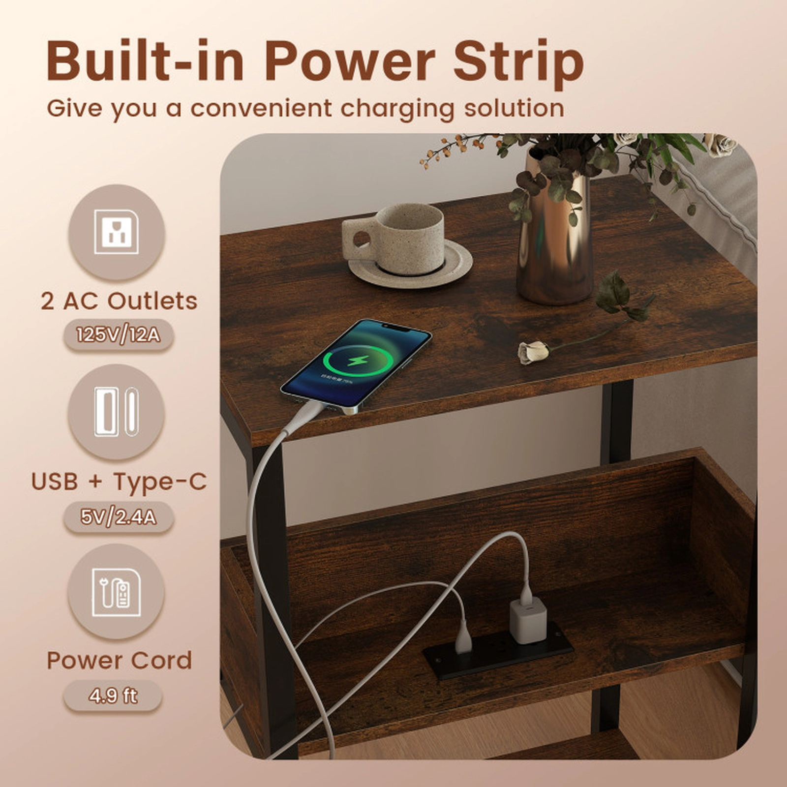 SUGIFT 3 Tier Engineered Wood Metal Frame USB C Charging Storage End Table In Rustic Brown
