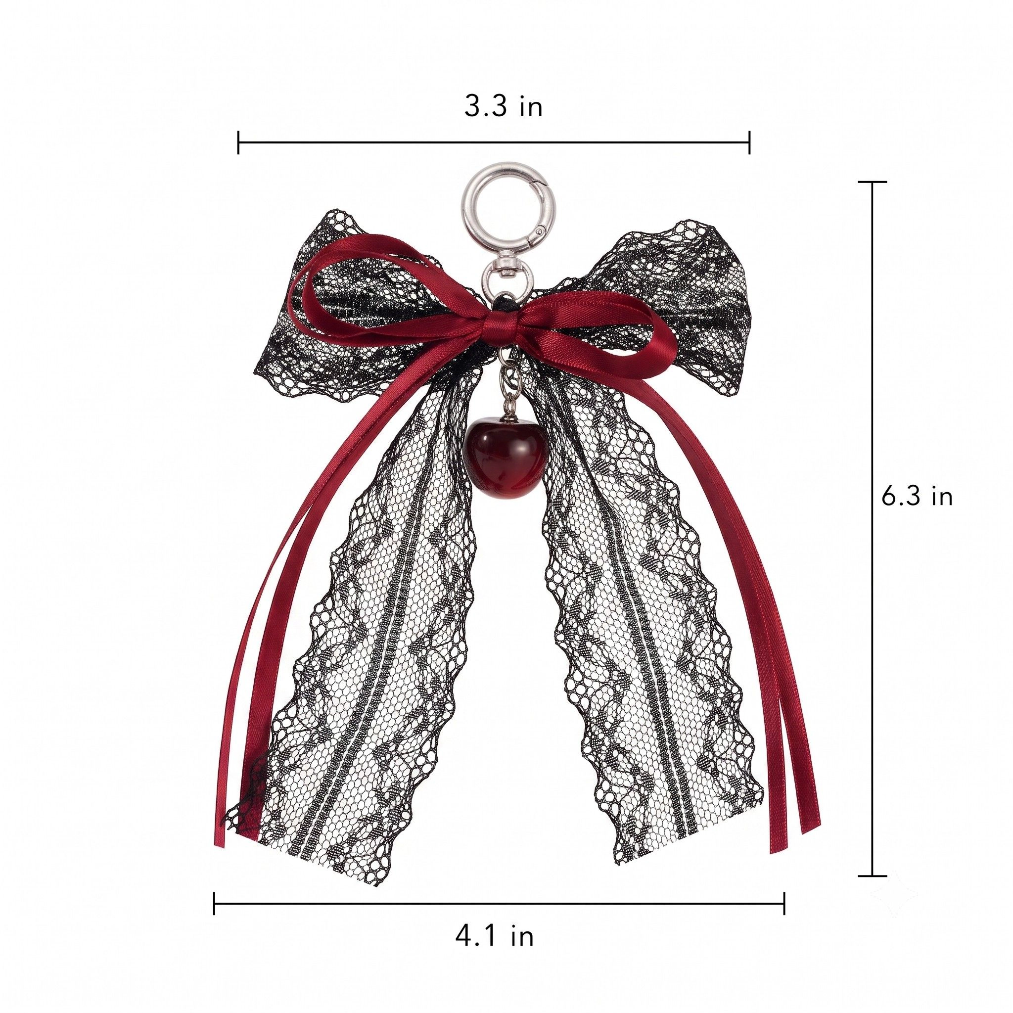 Alilang Women's Lace Bow Bag Charm Keychain with Cherry Accent and Metal Ring Clasp, Red Sheer