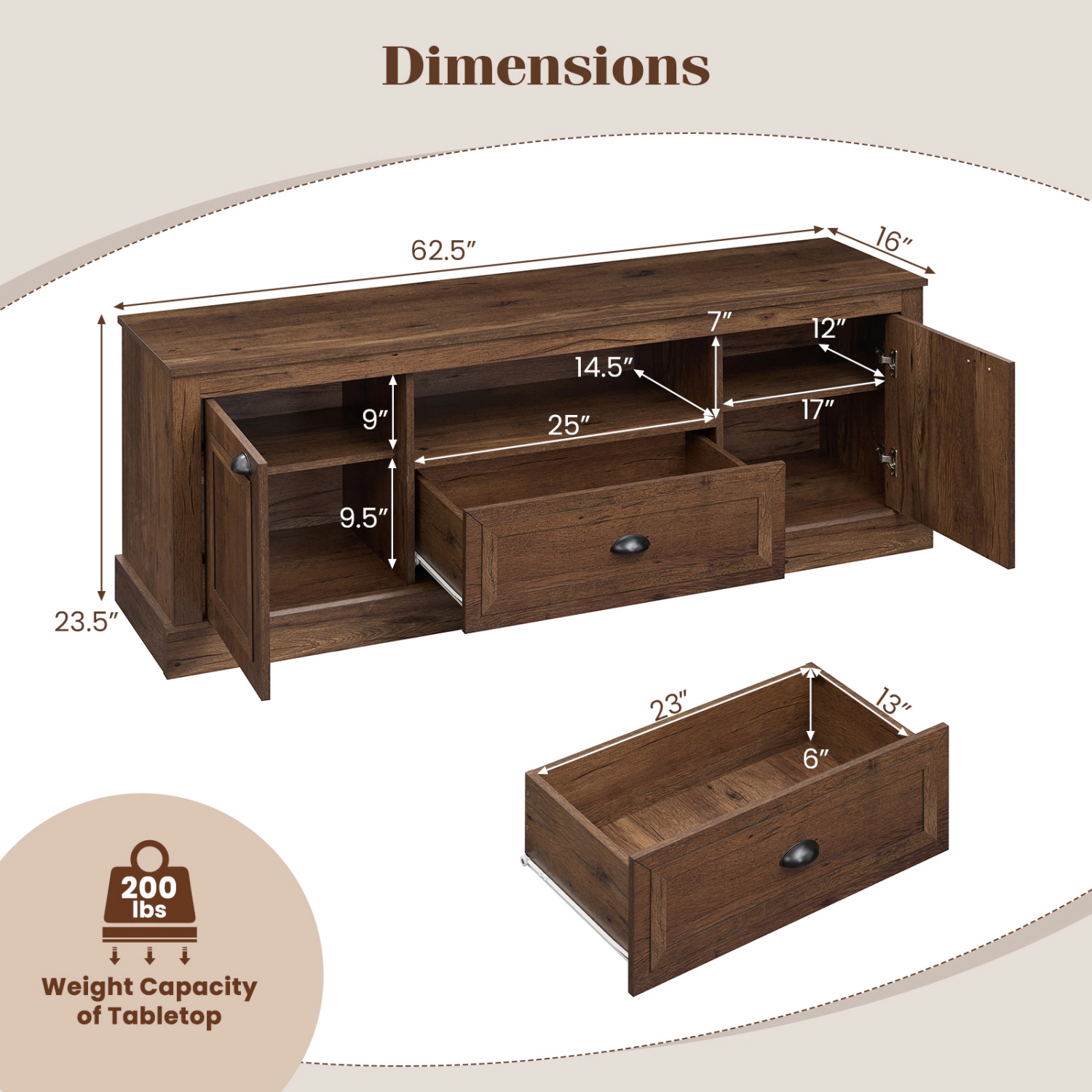 LJG Retro Farmhouse TV Stand for 70" TVs with 2 Doors & Removable Shelves