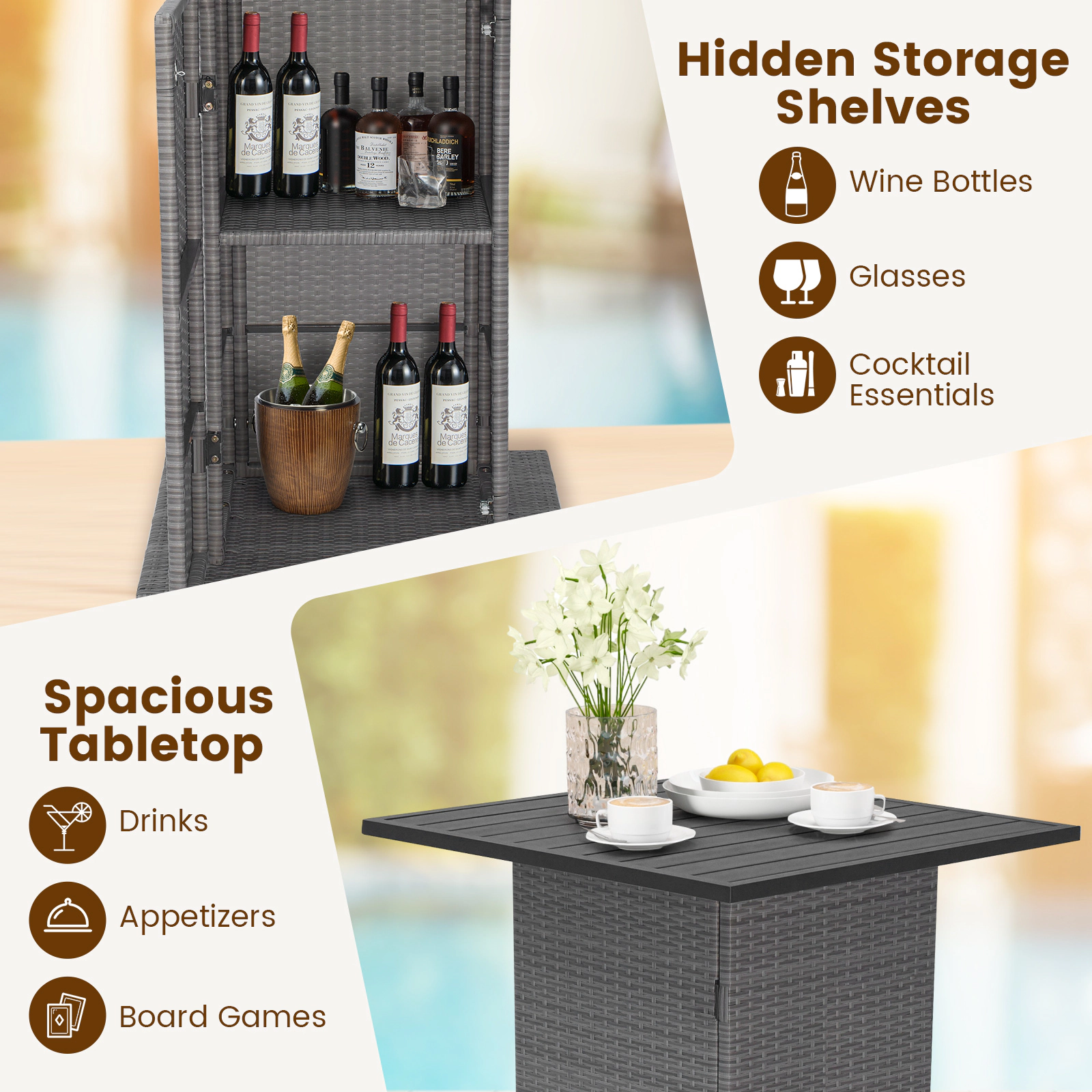 SUGIFT 5-Piece Gray Outdoor Wicker Bar Set, 40.5-in Table, Hidden Storage, 4 Cushioned Stools