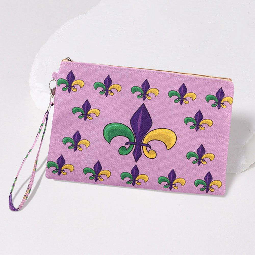 FASHNZFAB Mardi Gras Fleur de Lis Pattern Printed Pouch Bag / Clutch Bag with Wristlet