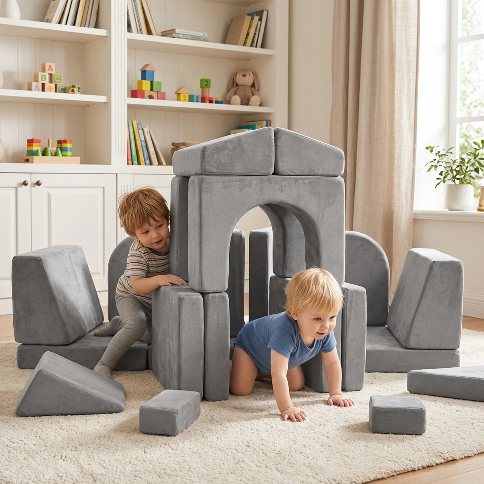 8-Piece Modular Kids Play Couch 56-in Toddler Foam Sofa with Wear-Resistant Suede Covers Zip-Off Machine-Washable Gray