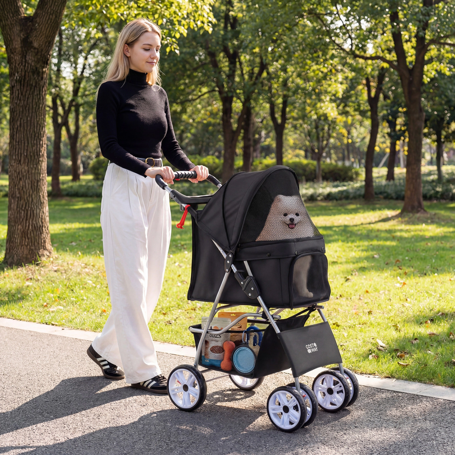 SUGIFT 31.5 x 40-in 33-lb Capacity Black 4-Wheel Lightweight Foldable Cat Dog Pet Stroller with Mesh Skylight
