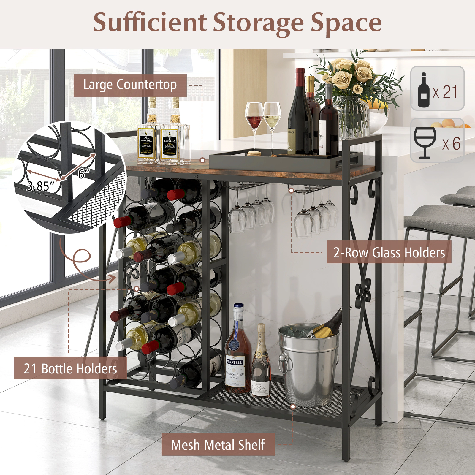 SUGIFT 21 Bottle Wine Rack Rustic Brown Freestanding Floor Organizer with Glass Holder
