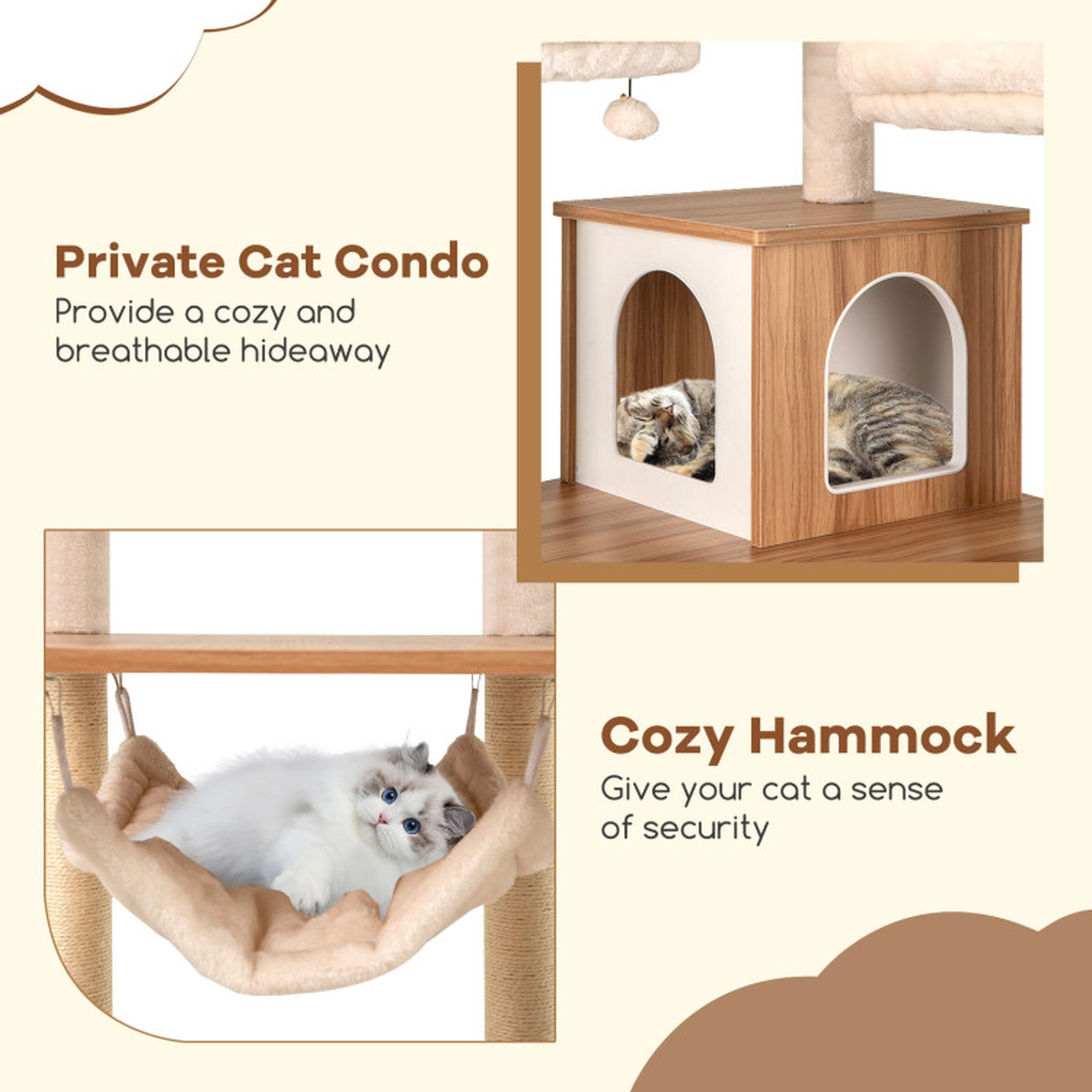 SUGIFT Cat Tree 3 Padded Perches Condo Hammock Ladder & Sisal Scratching Posts 33-lb Capacity per Layer Natural+White
