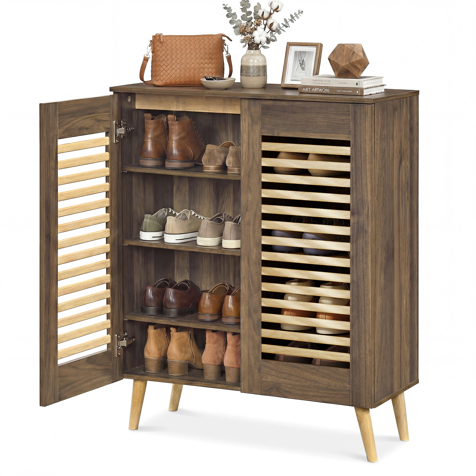 SUGIFT Walnut 88-lb Capacity Entryway Shoe Storage Cabinet with Louvered Doors and 3 Removable Shelves