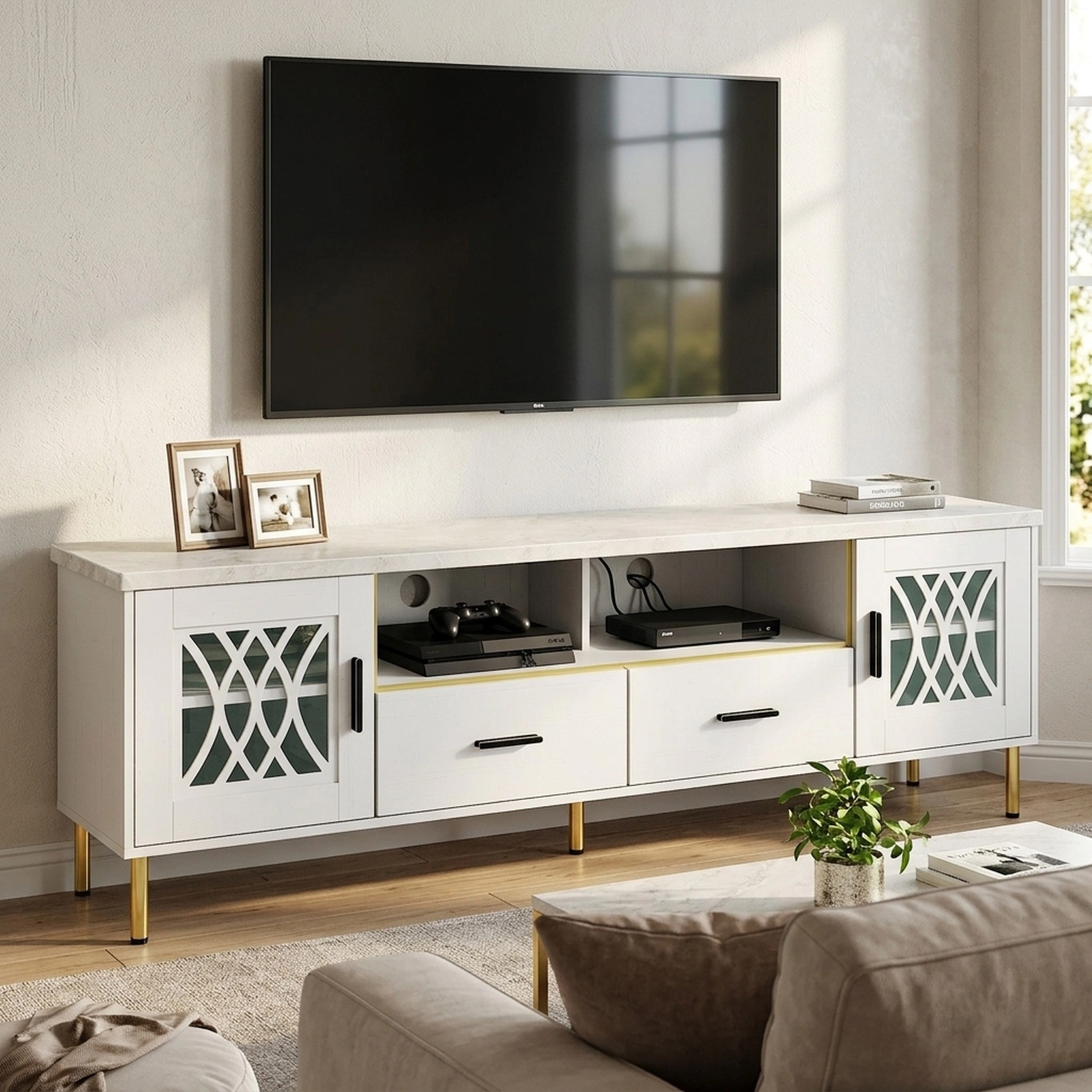 SUGIFT 71 in TV Stand White and Gold with Faux Marble Top and Patterned Glass Doors