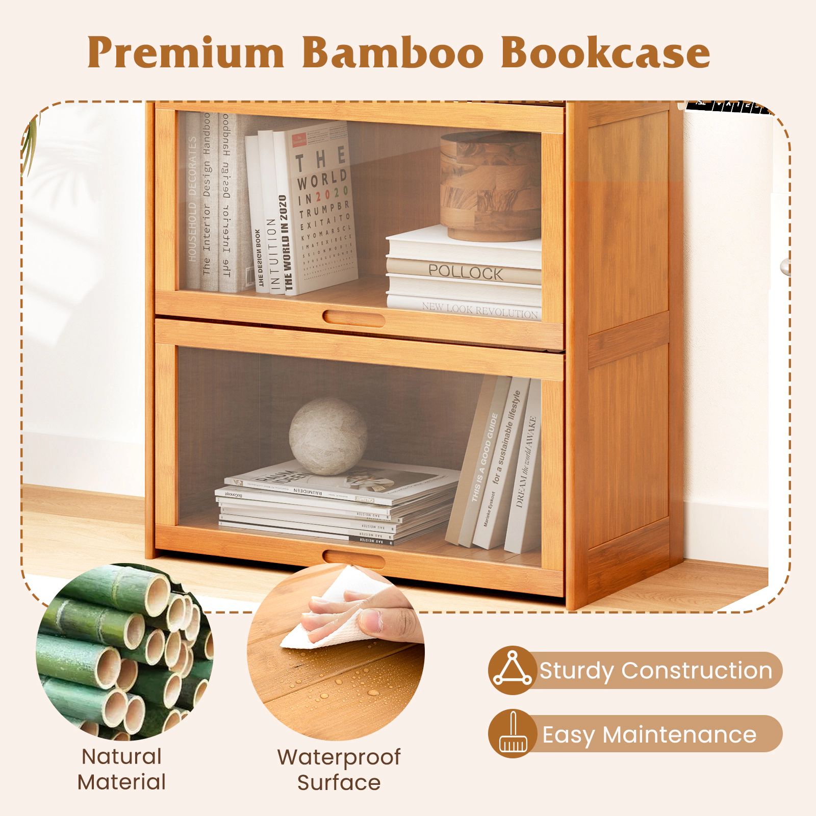 SUGIFT 4-Tier Bamboo Bookcase Acrylic Flip Doors 65-lb Tier Capacity 27-in Wide 55-in Tall Brown/Natural 2-Cube Per Tier