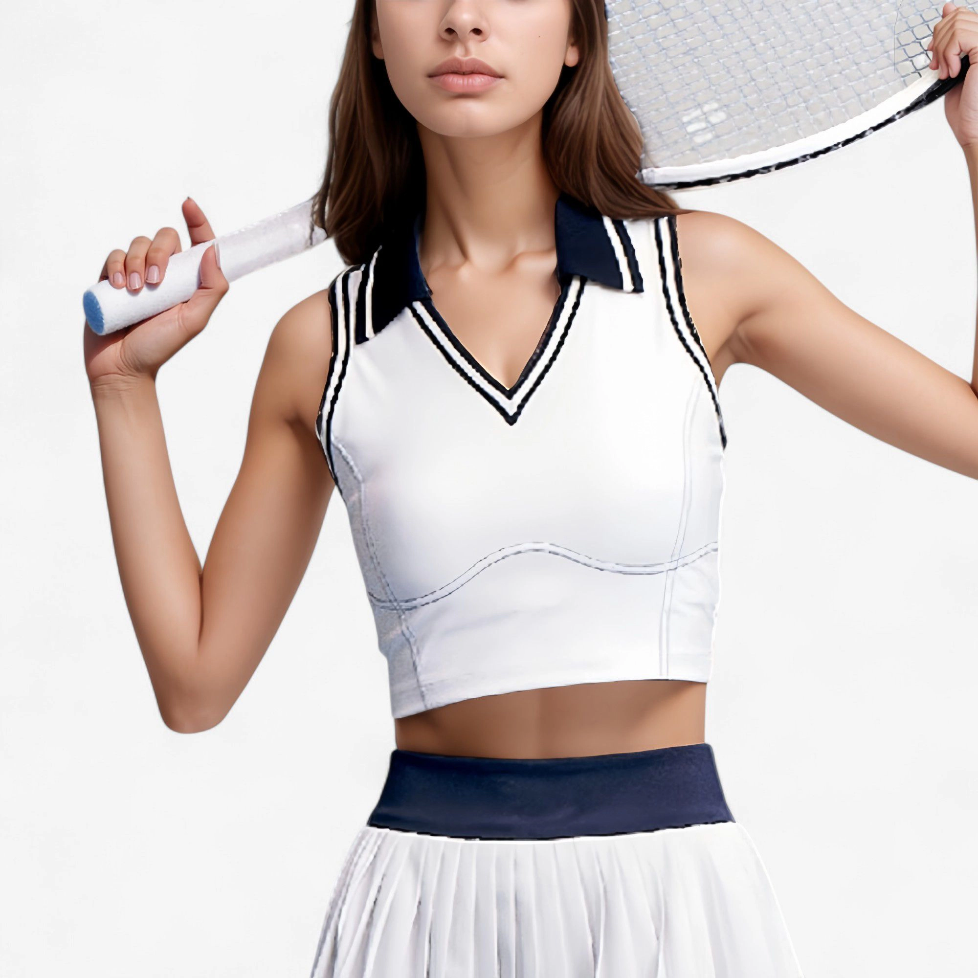 Anna-Kaci Women's Sleeveless Cropped Tennis Top with Contrast Collar and V-Neckline