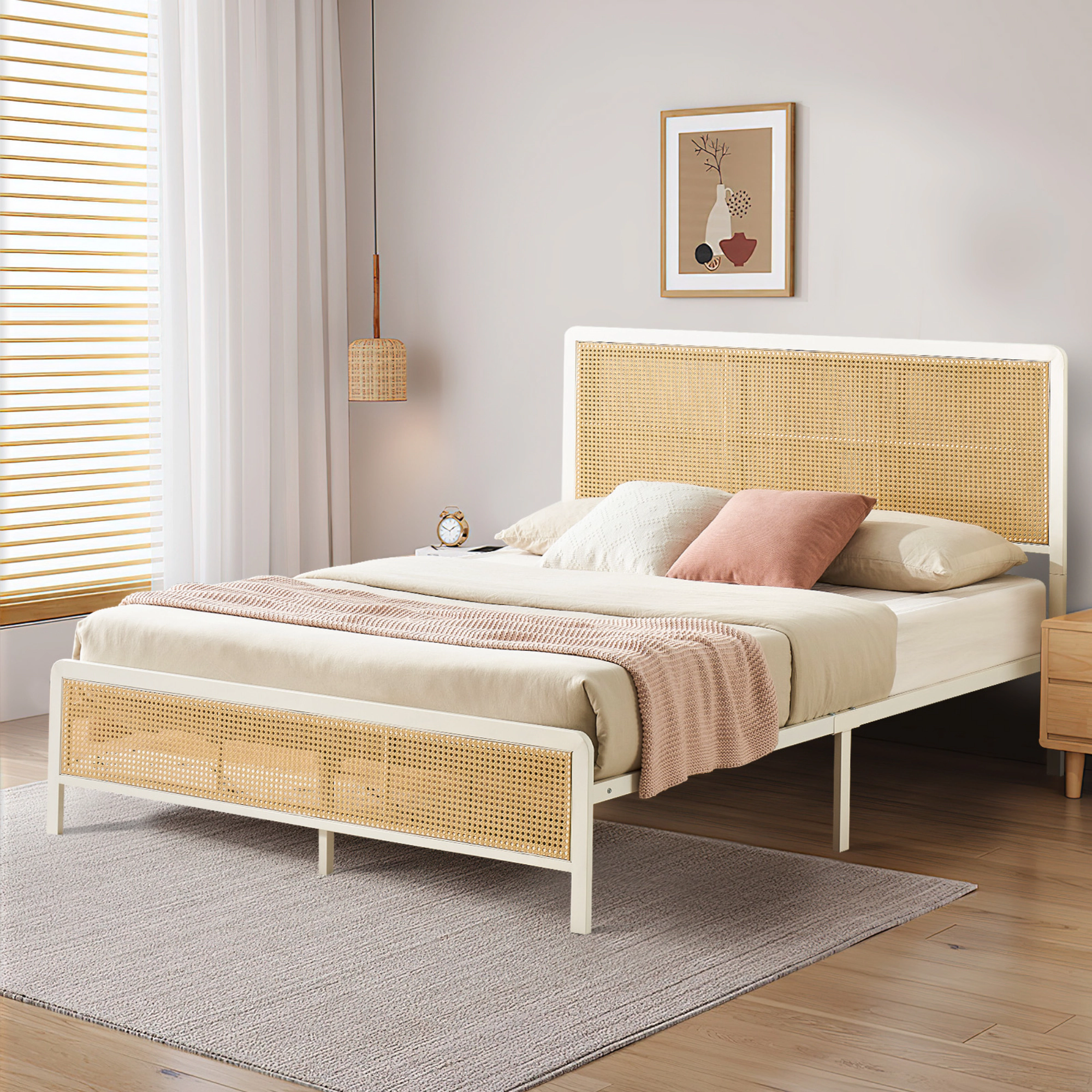 BebreezChic Modern Boho Rattan Metal Platform Bed Frame with Smart RGB LED Headboard Footboard