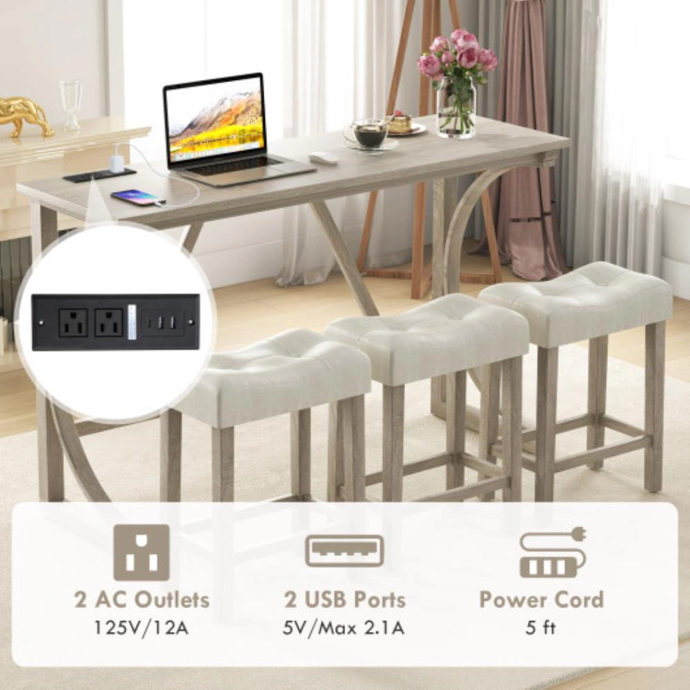 Hivvago 4-Piece Bar Table Set With Power Outlet And Upholstered Saddle Seat Stools-Grey And Beige