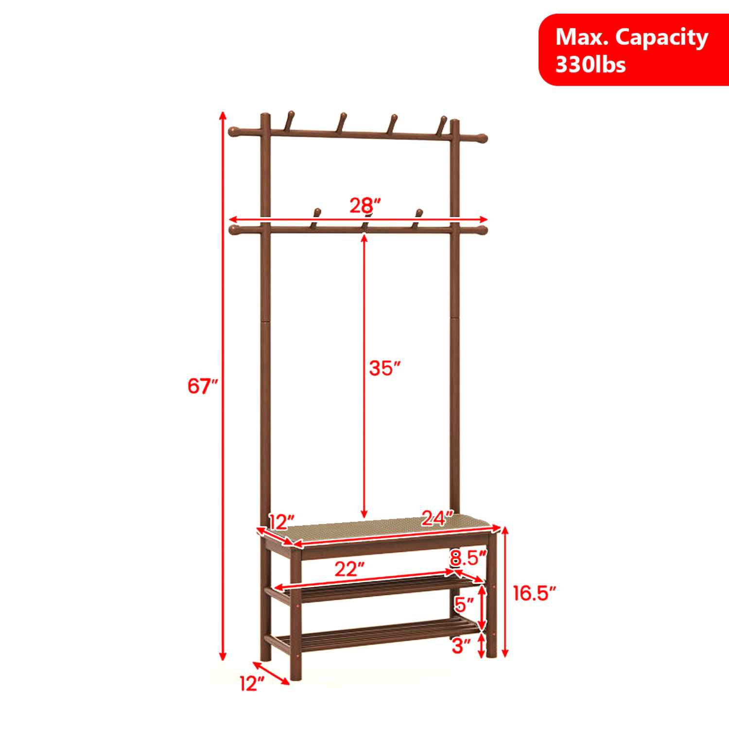 Hivvago Bamboo Hallway Organizer with Rattan-Style Bench, Coat Hooks & Shoe Shelves