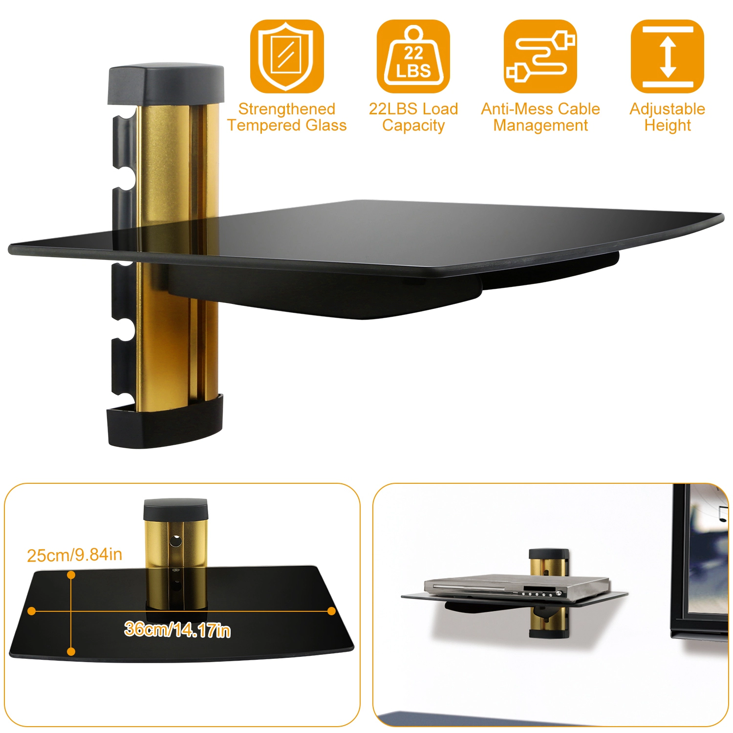 GBruno Tempered Glass Wall Shelf For Media Devices