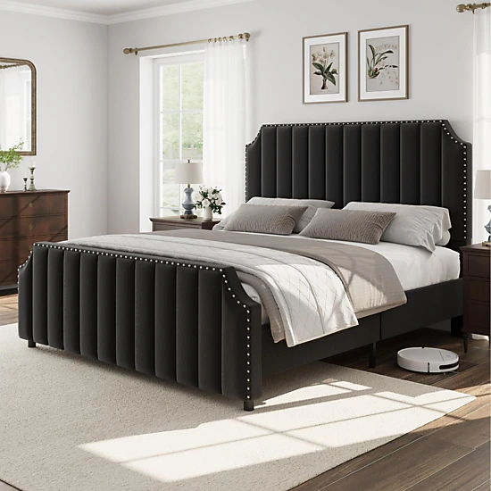BebreezChic Upholstered Velvet Channel Tufted Tall Headboard Nailhead King Platform Bed Frame