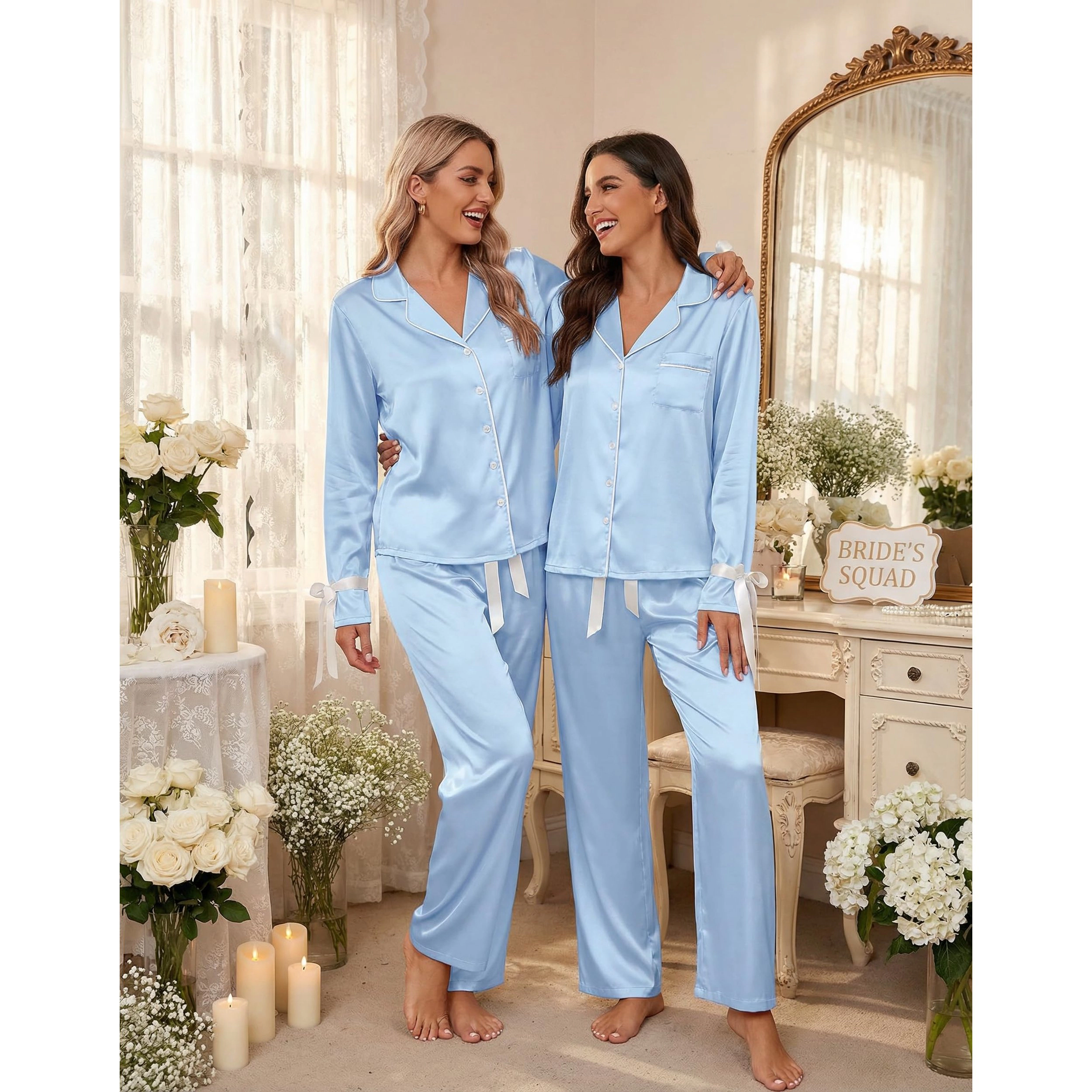 Ekouaer Womens Classic Button Down Long Satin Pajamas Set Bow Tie Silky Sets Fancy