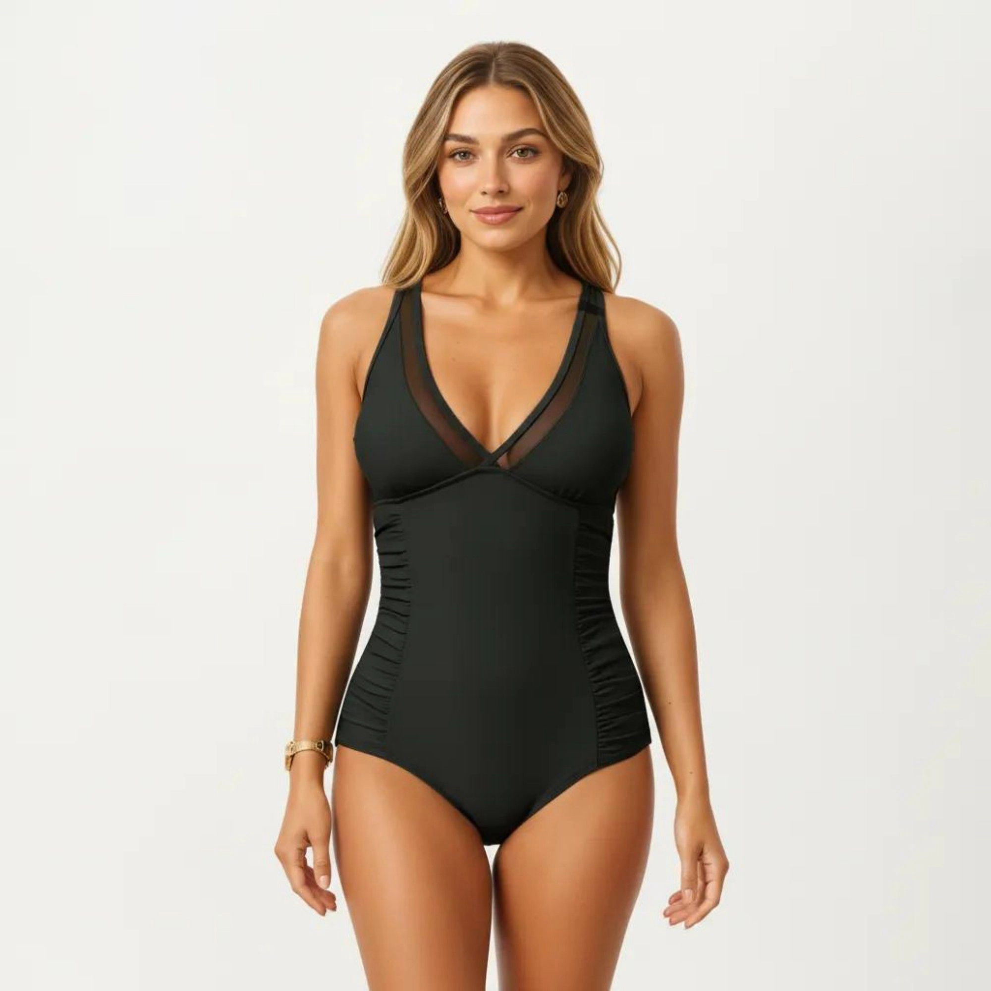 Anna-Kaci Women’s One-Piece Swimsuit - Sheer V-Neck Inset, Ruched Sides, Supportive Fit