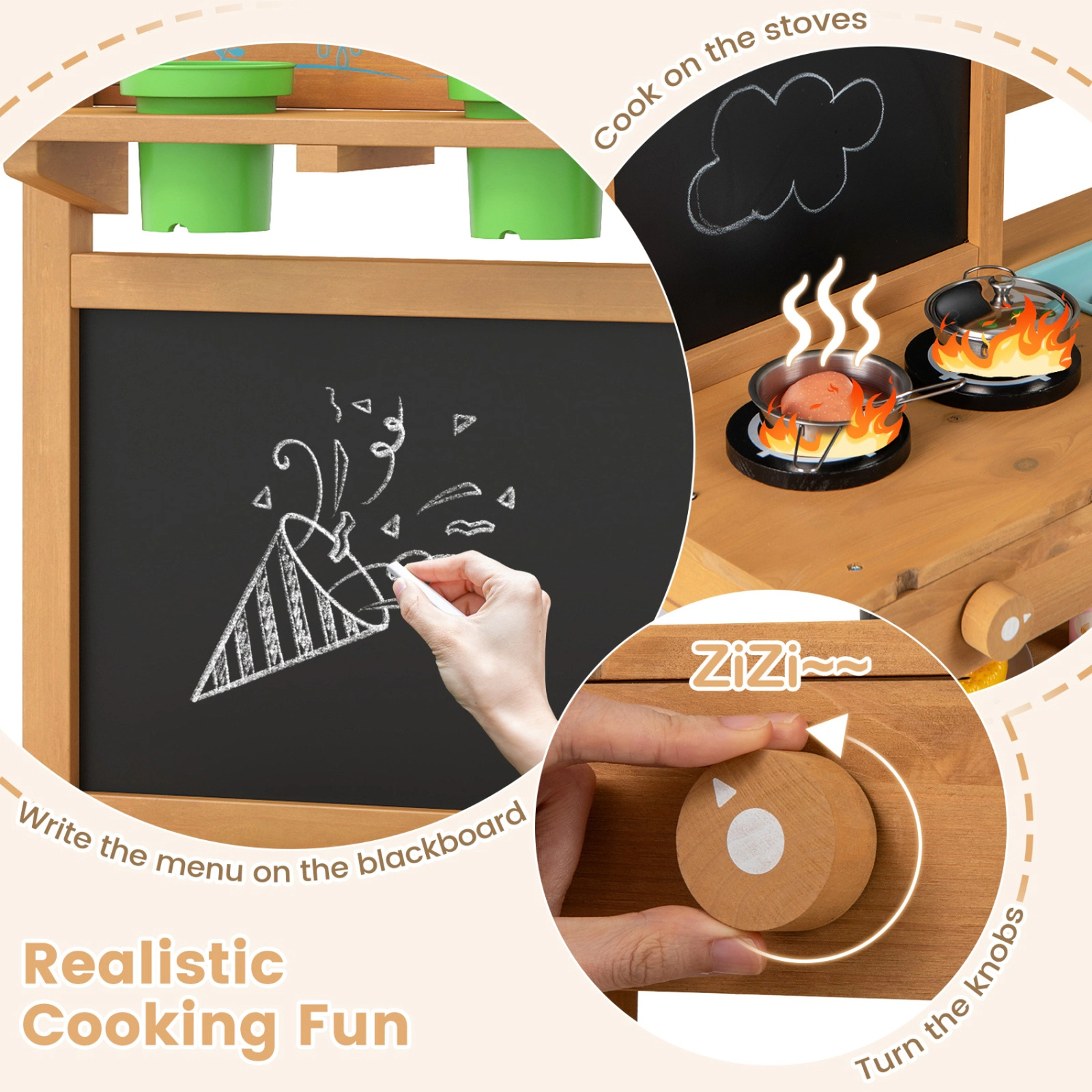 SUGIFT Natural Chalkboard 2 Removable Sinks and Garden Tools Outdoor Kids Wooden Play Kitchen
