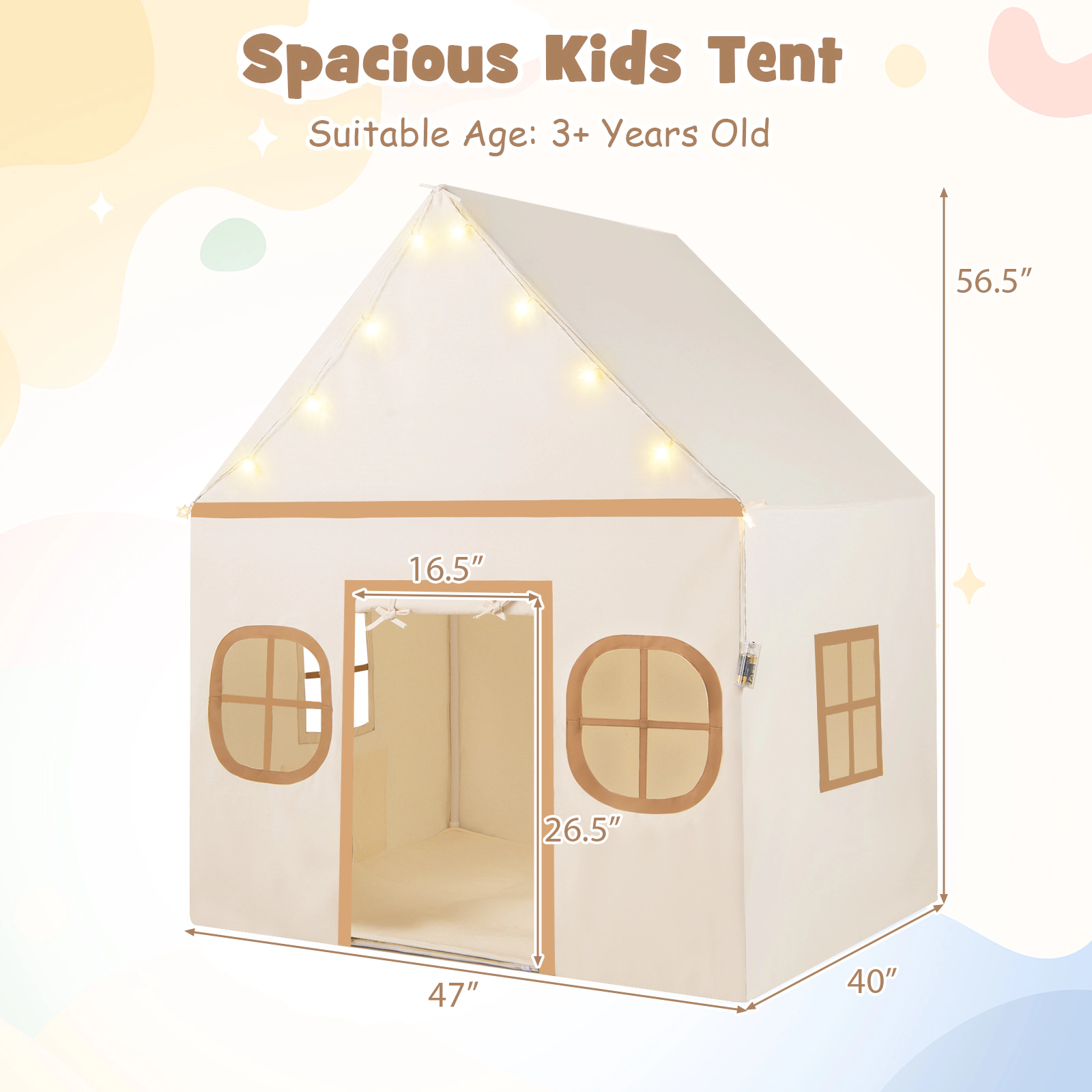 Kids Play Tent Large Indoor Playhouse for 3 Kids with Door Curtain Breathable Windows Star Lights Coffee