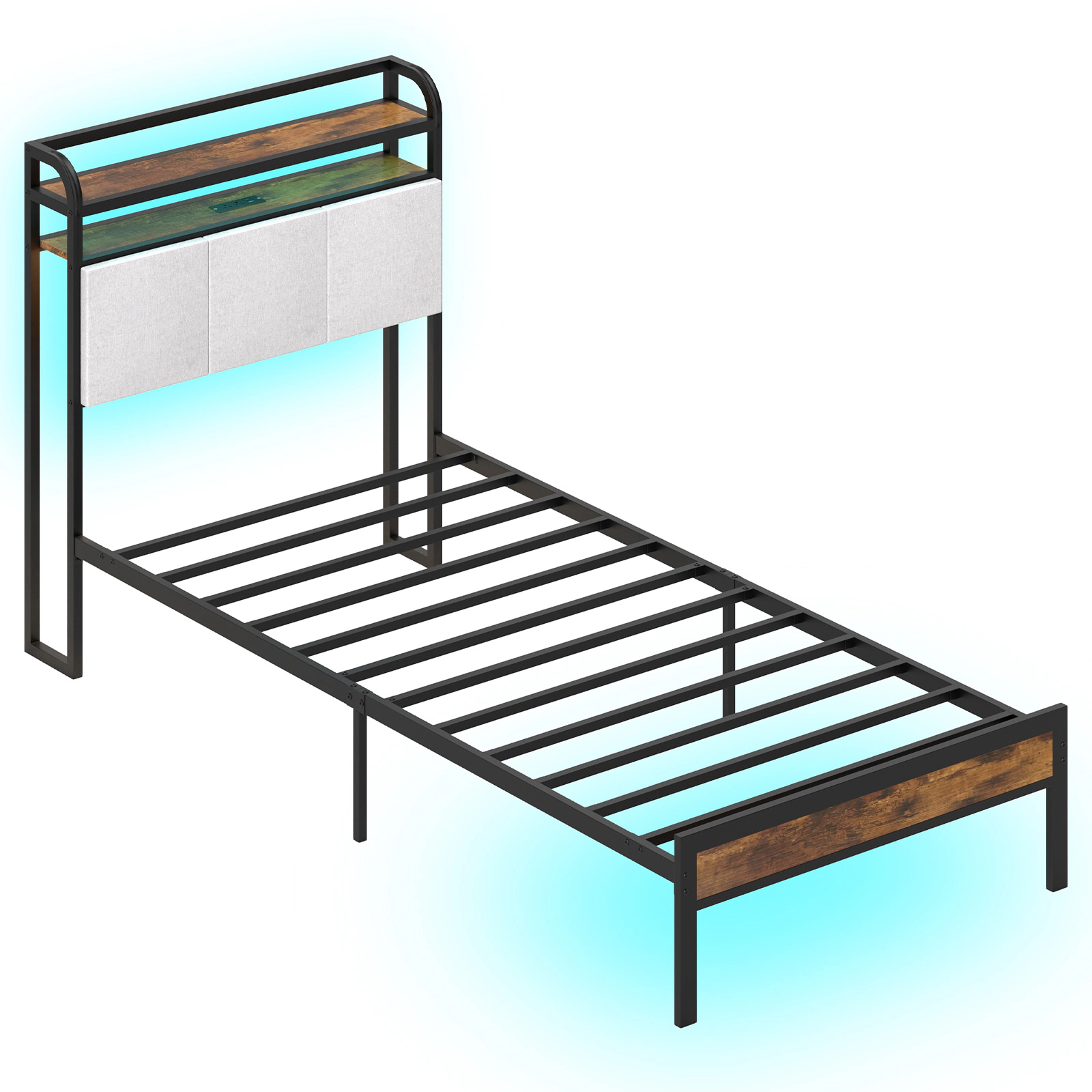 SUGIFT Twin Size 485-lb Bed Capacity LED Bed Frame with Charging Station and 2-Tier Storage Headboard Rustic Brown