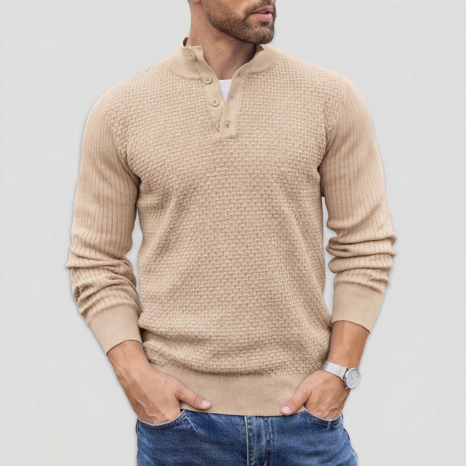 COOFANDY Mens Long Sleeve Henley Sweater Fall Button Mock Neck Waffle Knit Tops