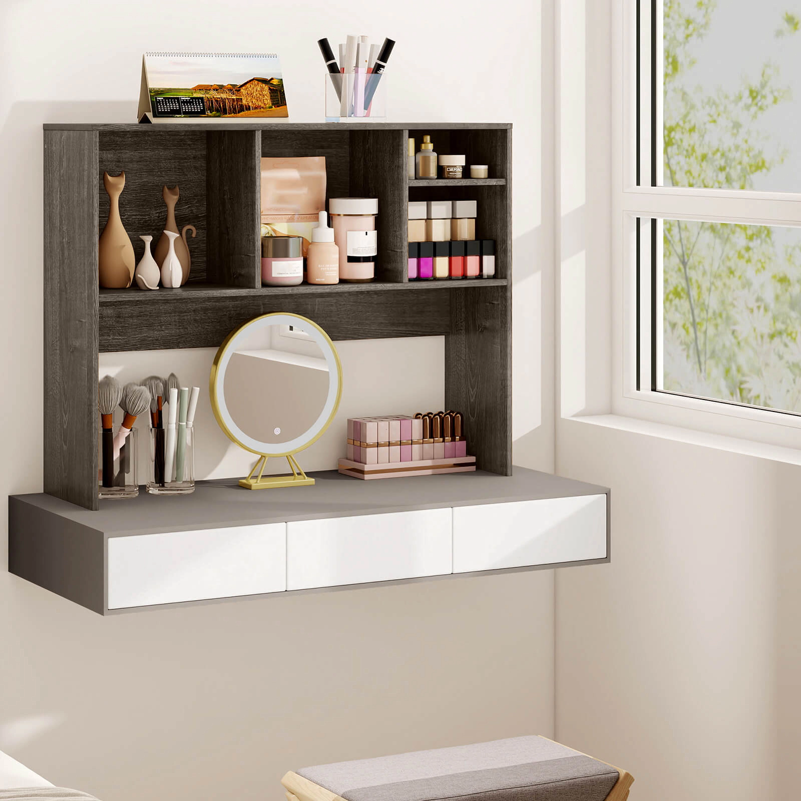 Costway Computer Desktop Bookcase Countertop Storage Bookshelf Organizer with 4 Cubbies Walnut