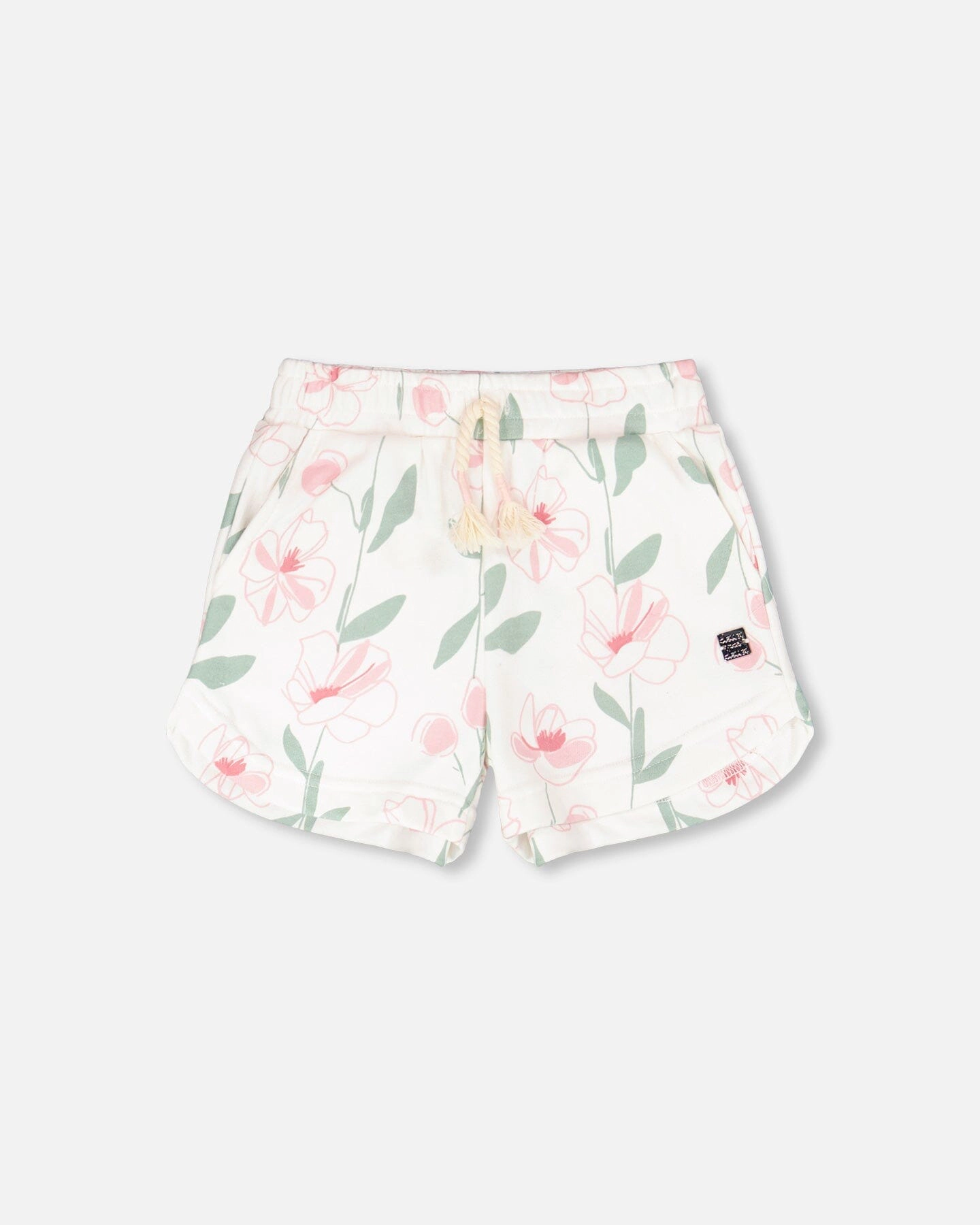 Deux par Girls Floral Print Drawstring Waist Curved Hem French Terry Shorts