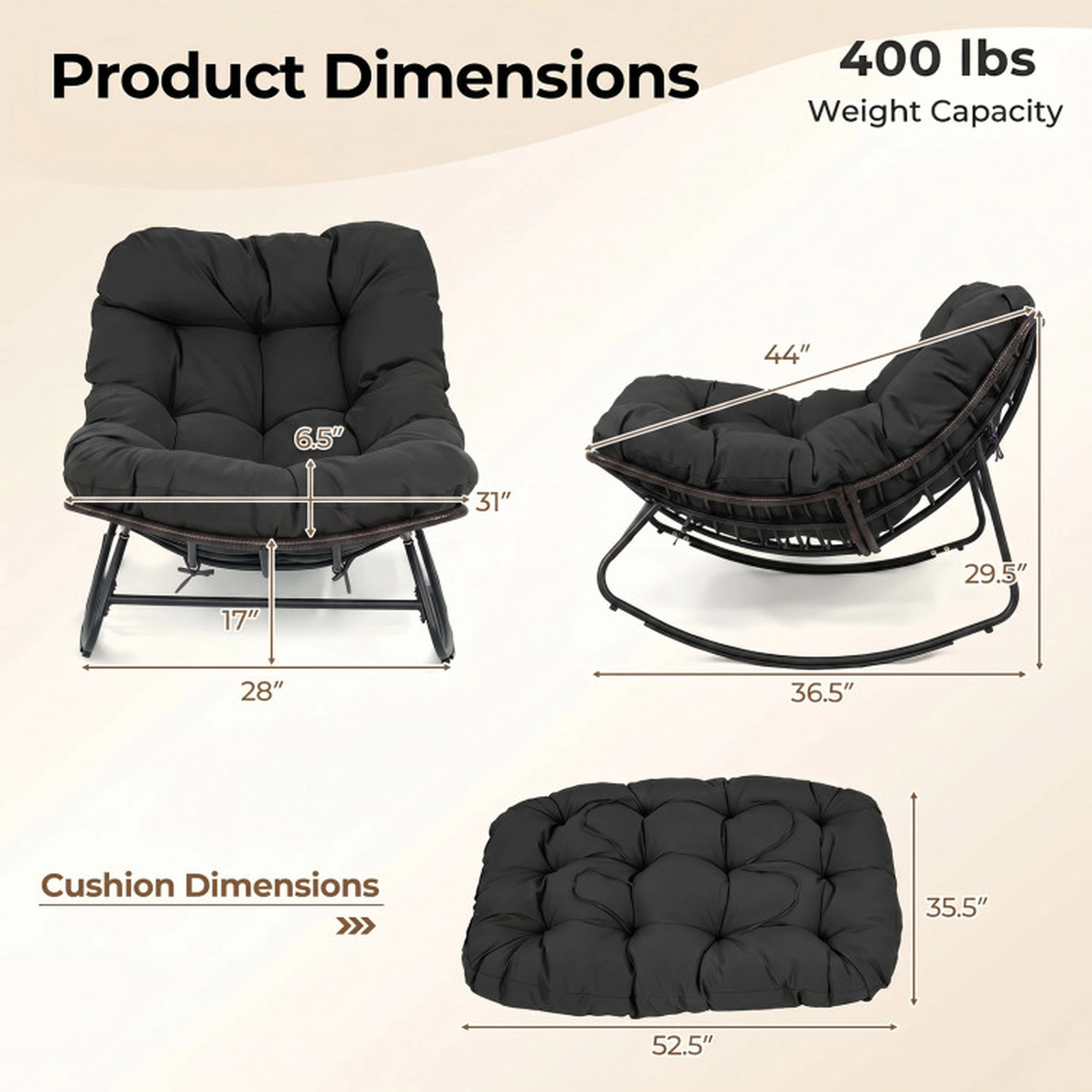 SUGIFT Thick Removable Cushion and Metal Frame Outdoor Papasan Rocking Chair