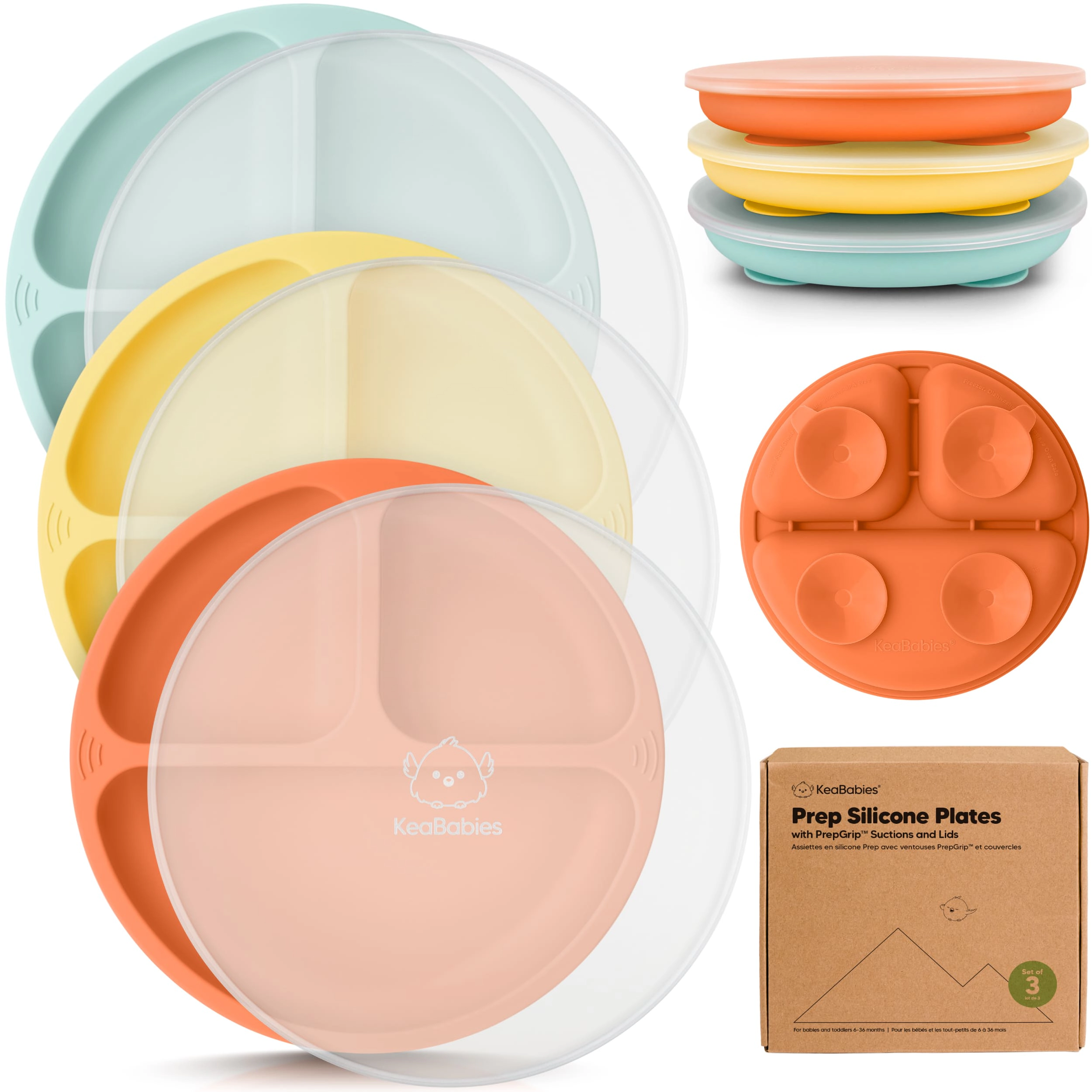 KeaBabies 3-Pack Prep Silicone Suction Plates with Lids