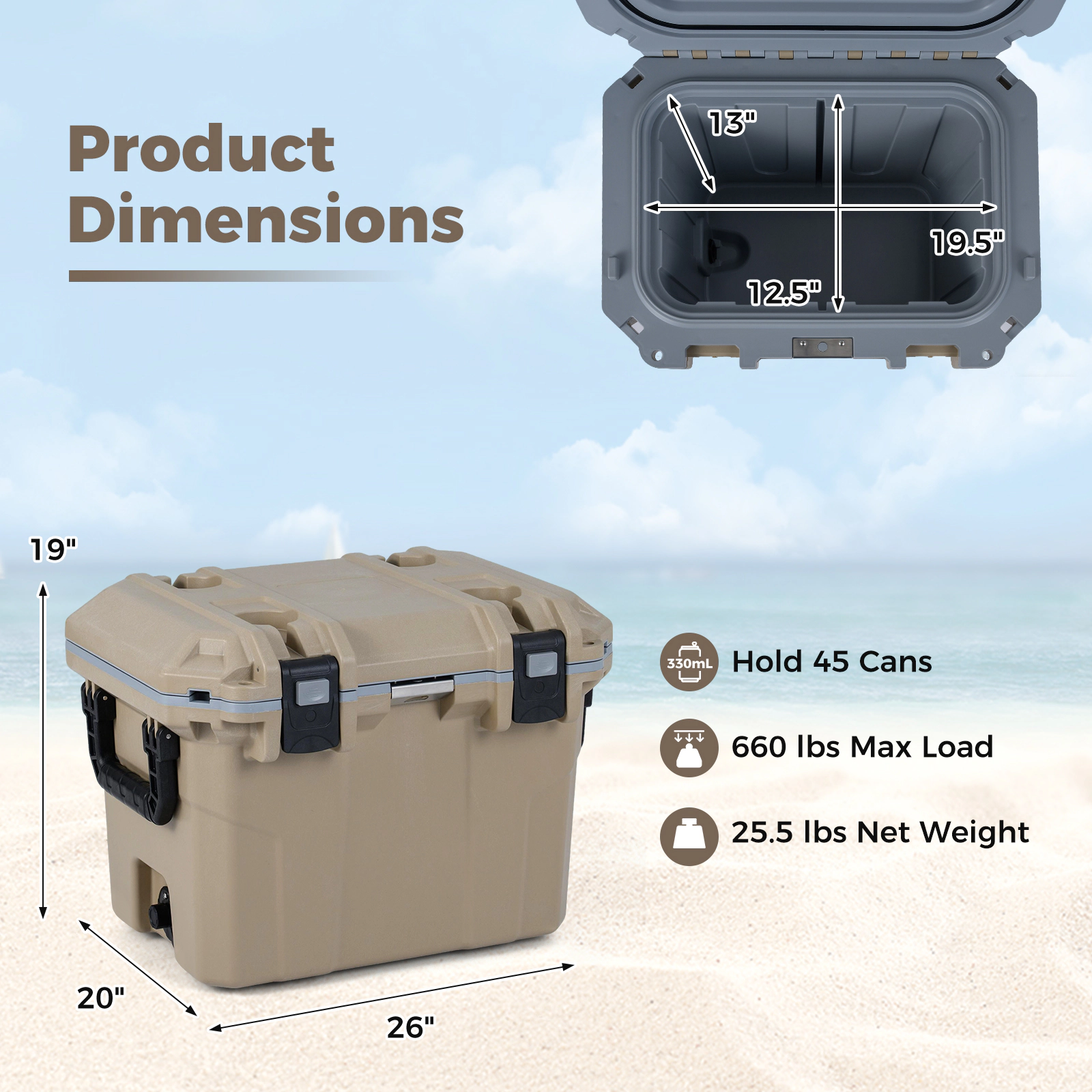SUGIFT 53-Quart Coffee Injection Molded Hard Cooler with Silicone Seal 26-in W 20-in D 19-in H 660-lb Lid Capacity