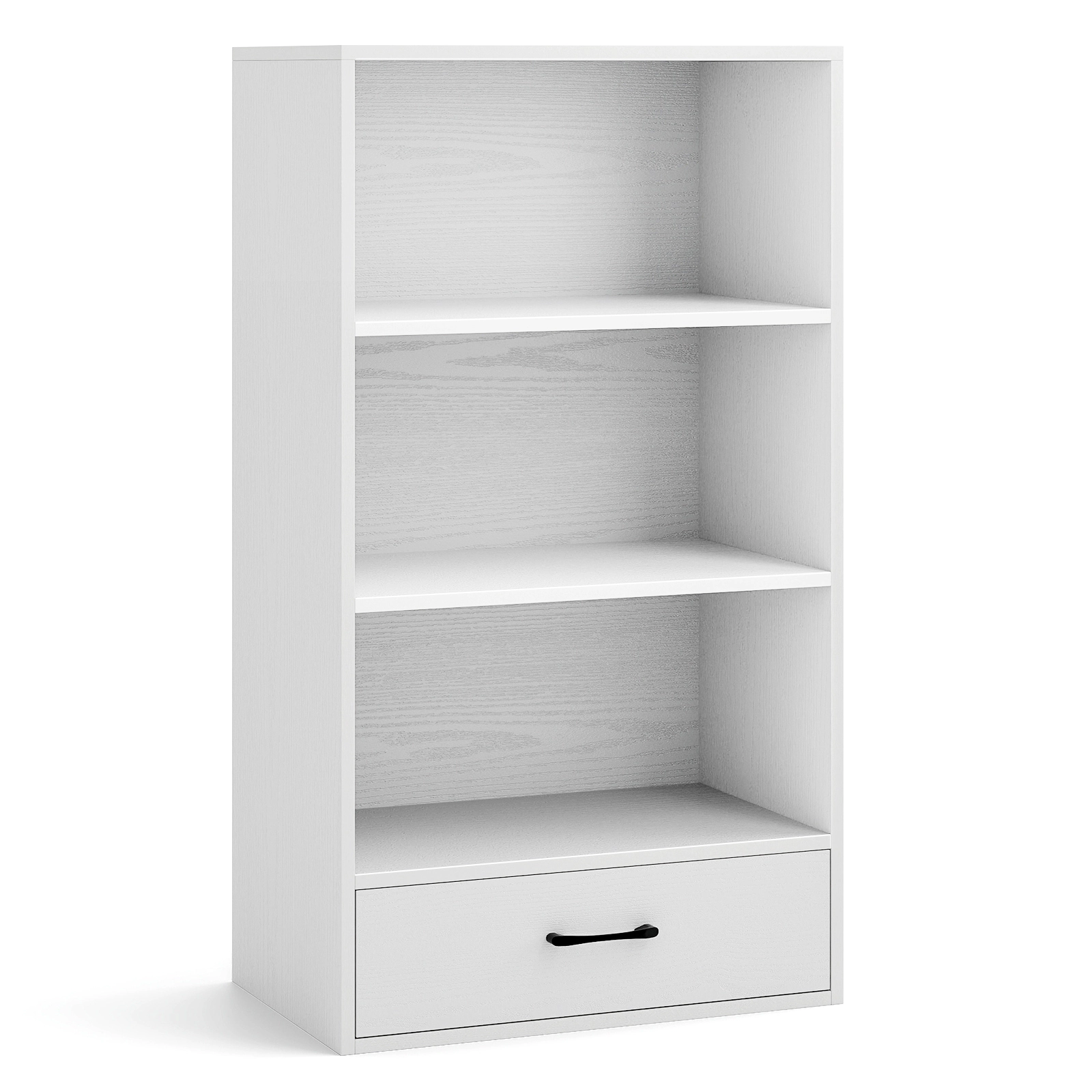 SUGIFT 4-Tier White Wood Bookshelf with Drawer 3 Open Shelves and 88-lb Top for Living Room and Office