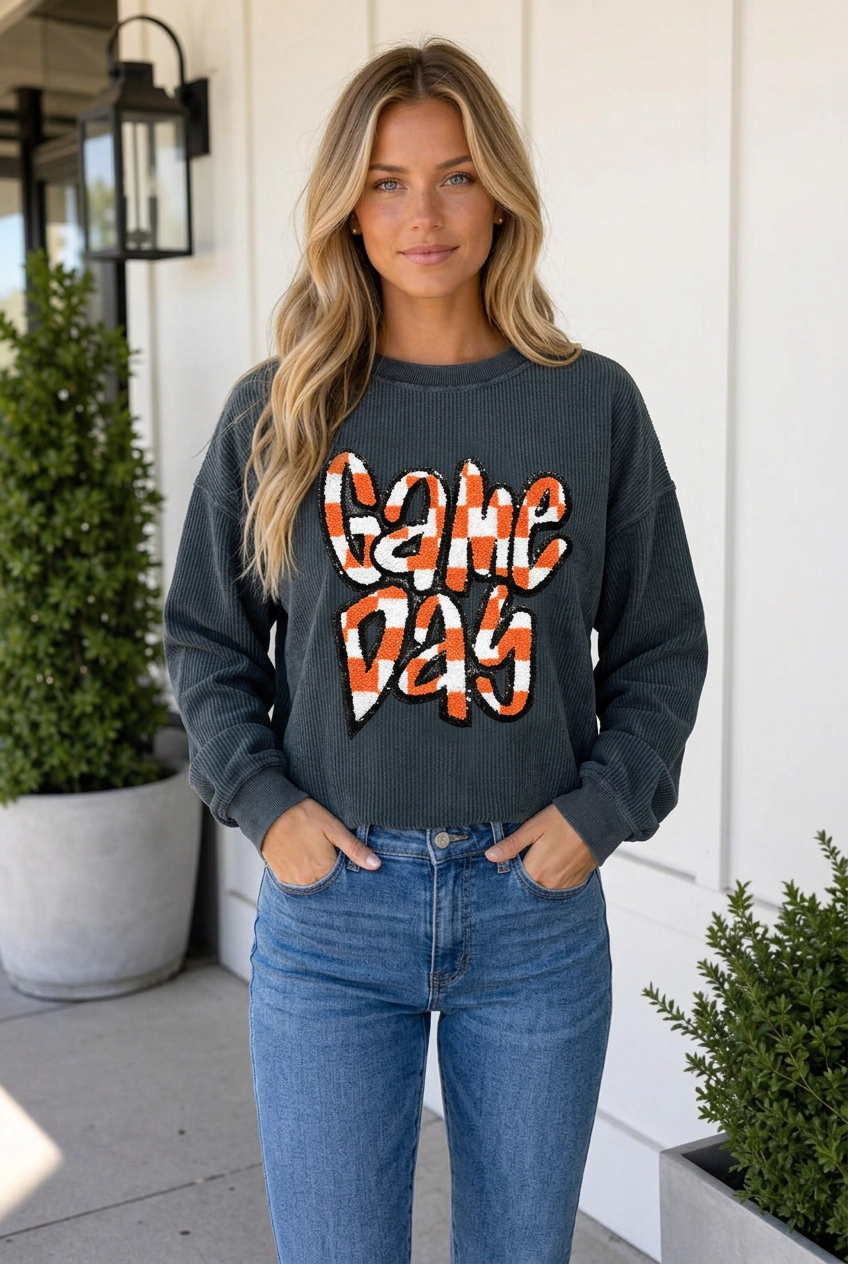 Threaded Pear Madie Shoulder Corded Game Day Sweatshirt