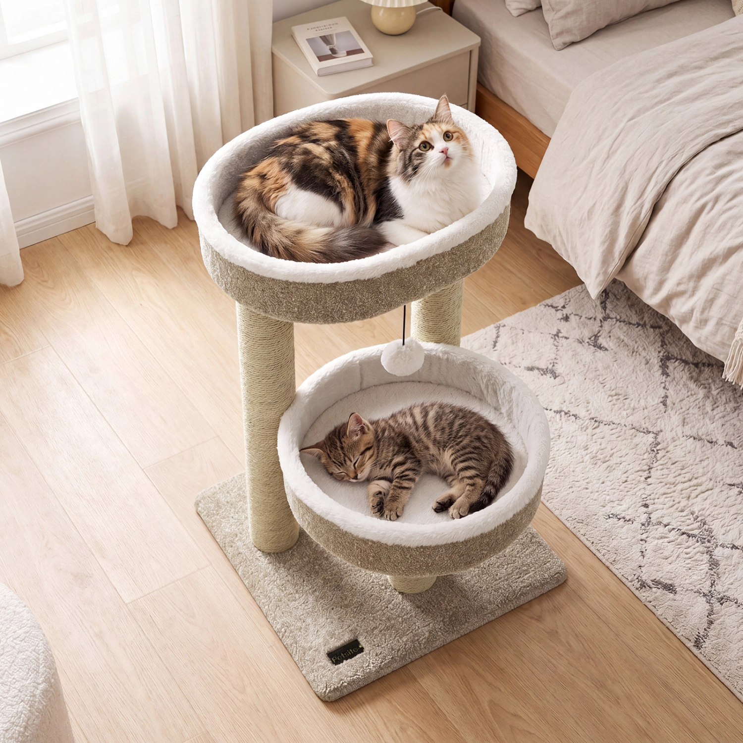 LJG 24" Cat Tower with 2 Plush Perches Scratching Posts and Dangling Ball