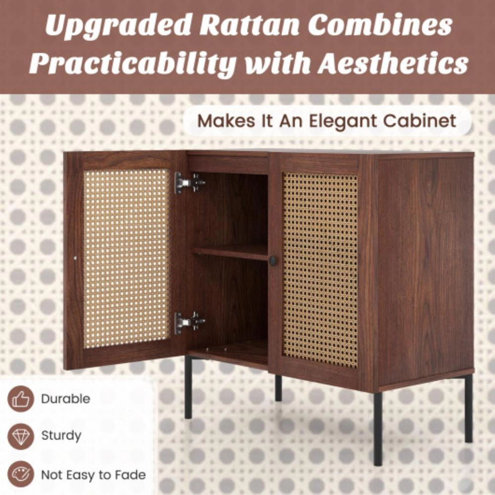 Hivvago Kitchen Sideboard With 2 Rattan Doors And Adjustable Shelf
