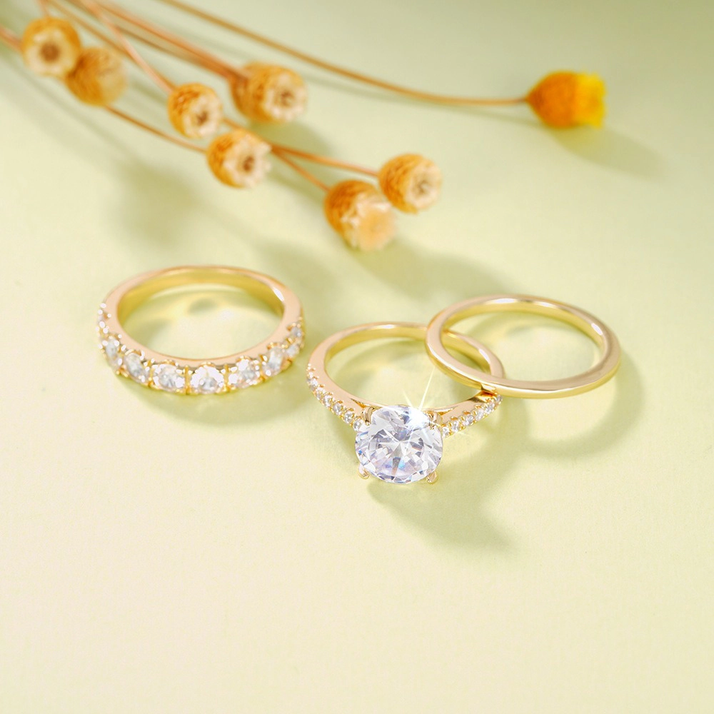 3Pcs Bridal Set for Women 14K Gold Plated Simulated Diamond Stackable Anniversary Eternity Rings