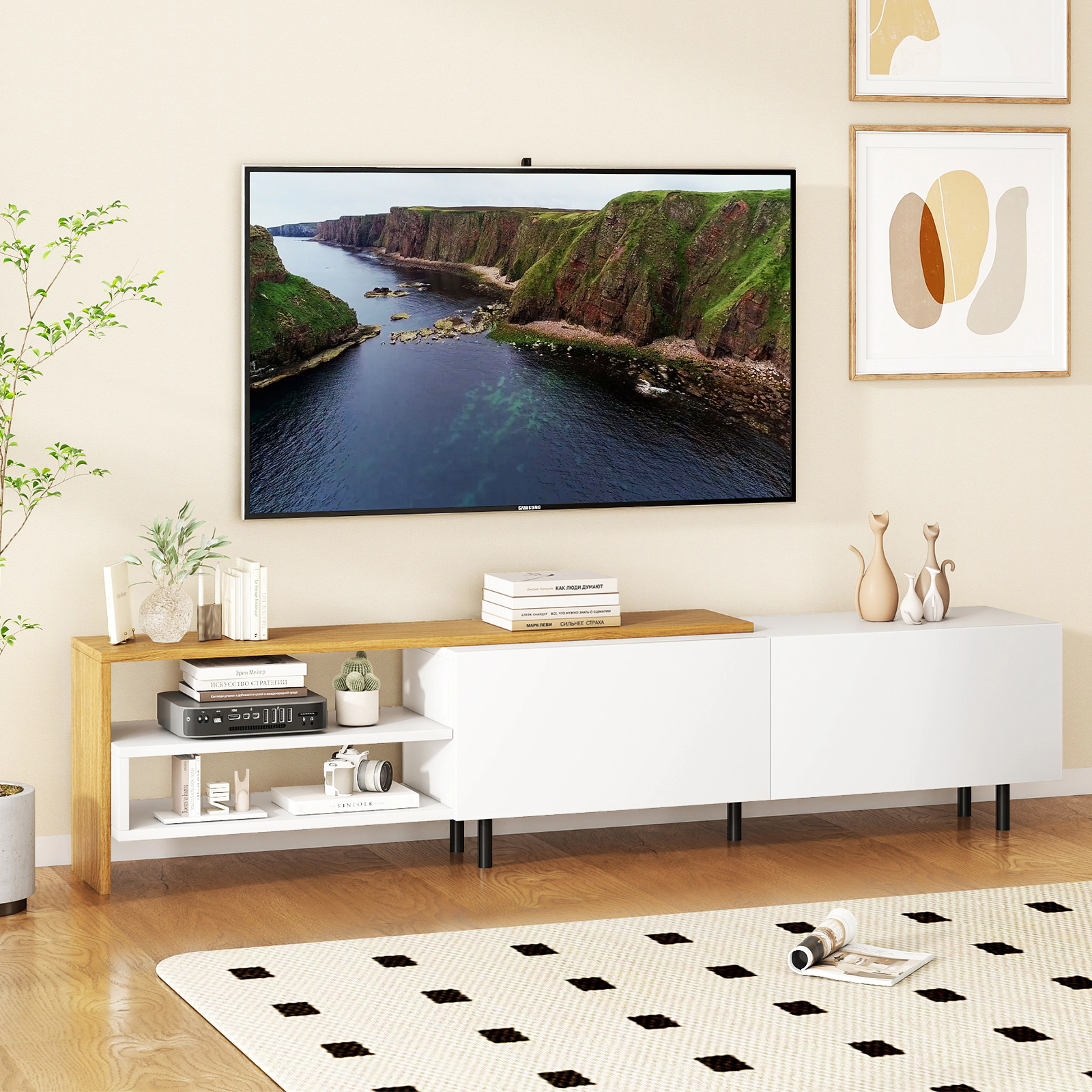 SUGIFT 71.5 in TV Stand White and Natural for 80 in TVs with Open Shelves and Cabinets